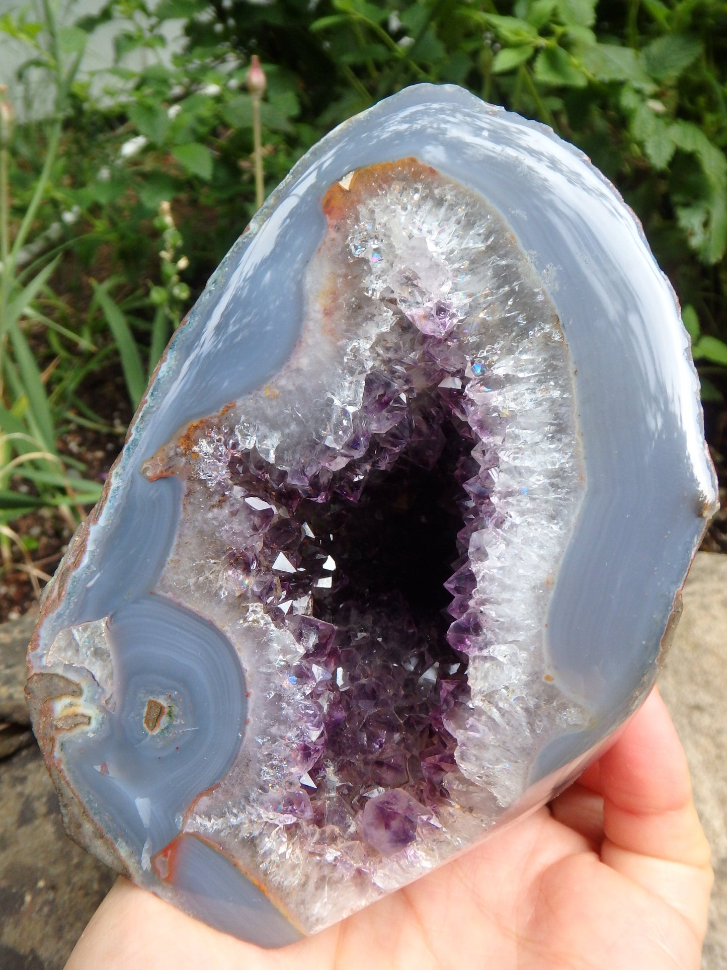 Shimmering Deep Druzy Cave of Amethyst Geode With Polished Blue Agate Matrix Standing Display Specimen From Uruguay - Metiz Tier Price