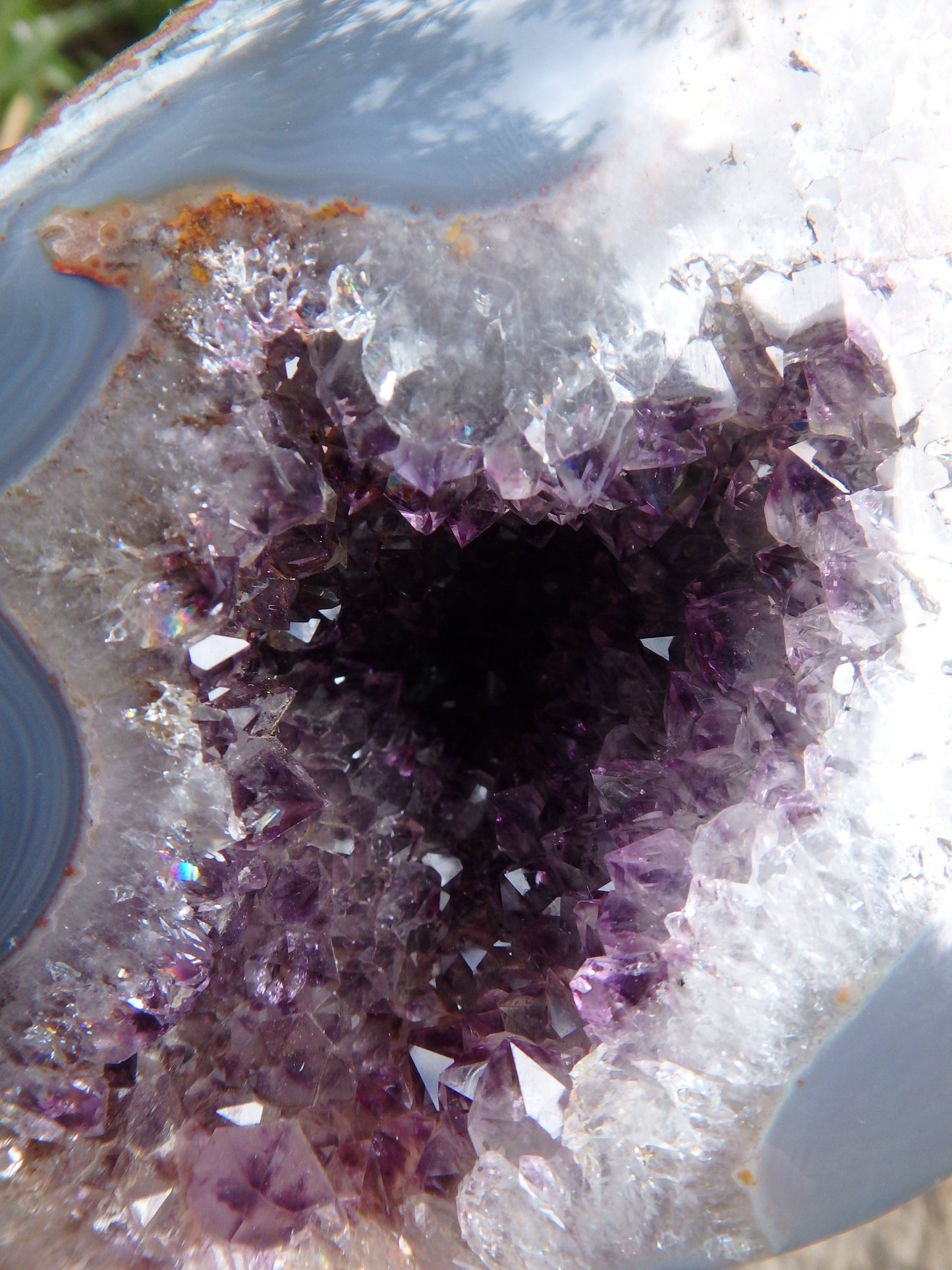 Shimmering Deep Druzy Cave of Amethyst Geode With Polished Blue Agate Matrix Standing Display Specimen From Uruguay - Metiz Tier Price