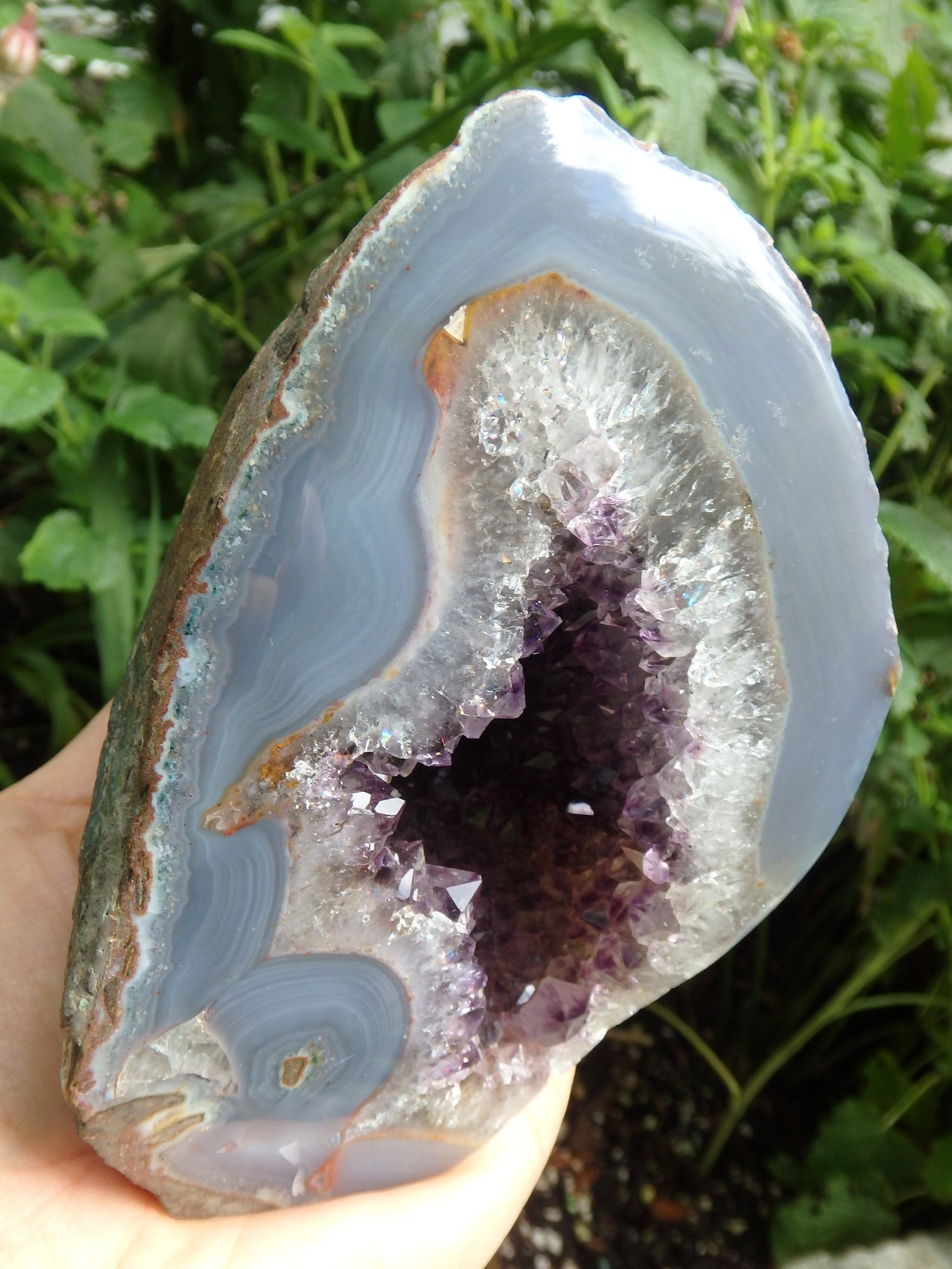 Shimmering Deep Druzy Cave of Amethyst Geode With Polished Blue Agate Matrix Standing Display Specimen From Uruguay - Metiz Tier Price