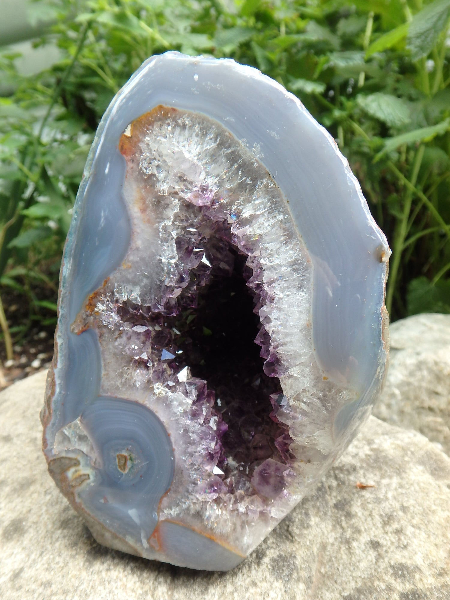 Shimmering Deep Druzy Cave of Amethyst Geode With Polished Blue Agate Matrix Standing Display Specimen From Uruguay - Metiz Tier Price