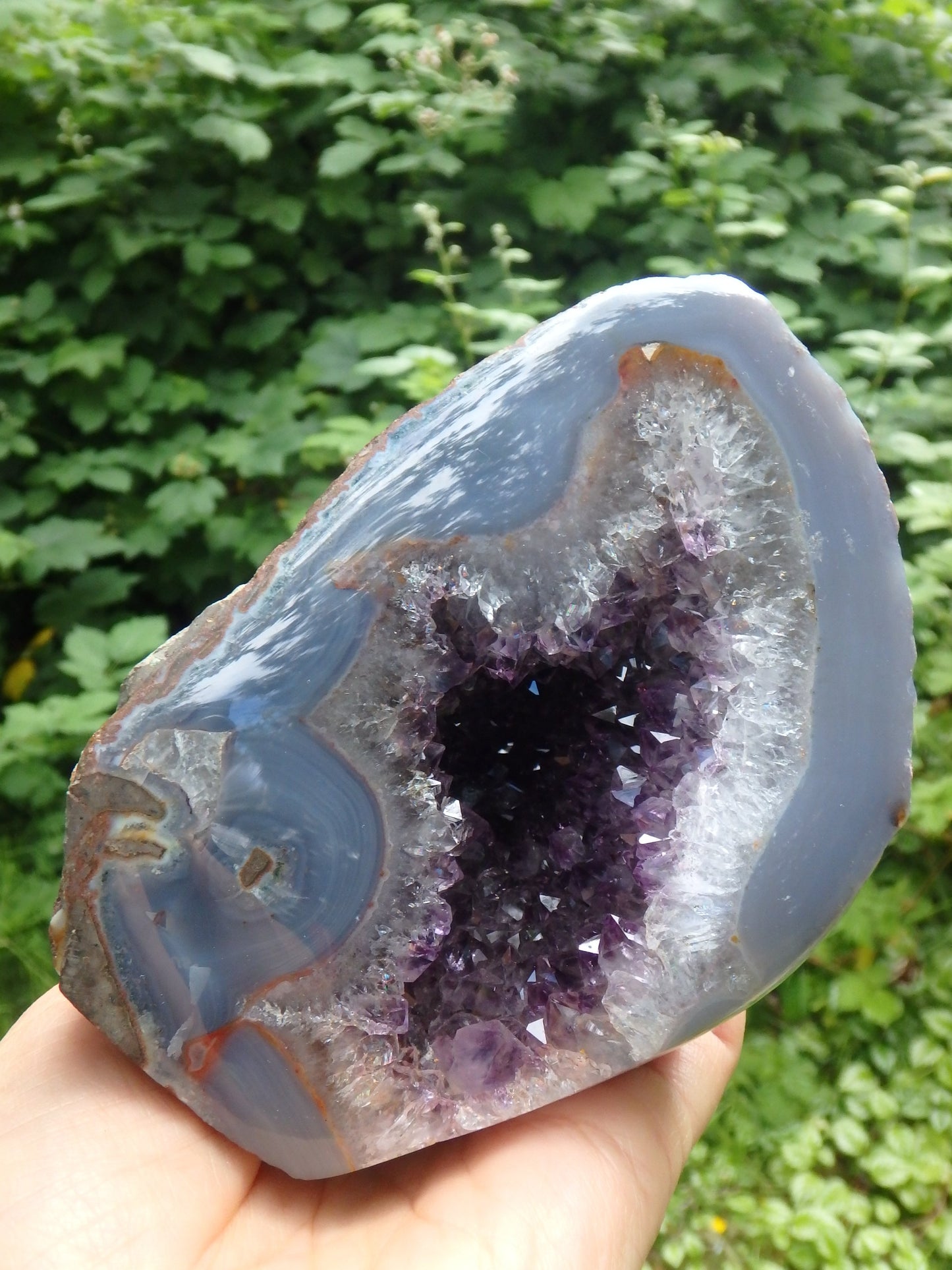 Shimmering Deep Druzy Cave of Amethyst Geode With Polished Blue Agate Matrix Standing Display Specimen From Uruguay - Metiz Tier Price