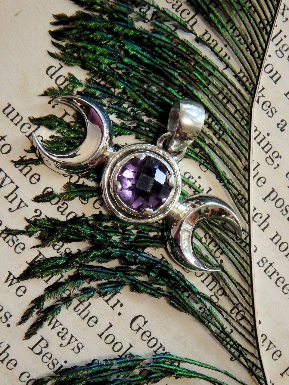 Lunar Double Crescent Moon & Faceted Amethyst Pendant in Sterling Silver (Includes Silver Chain) - Earth Family Crystals