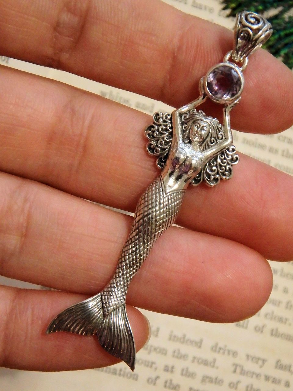 Majestic Mermaid Holding Faceted Amethyst Gemstone Pendant in Sterling Silver (Includes Silver Chain) - Earth Family Crystals