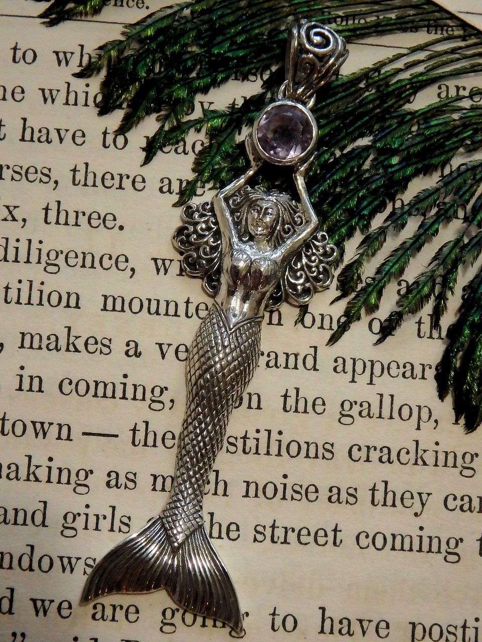Majestic Mermaid Holding Faceted Amethyst Gemstone Pendant in Sterling Silver (Includes Silver Chain) - Earth Family Crystals