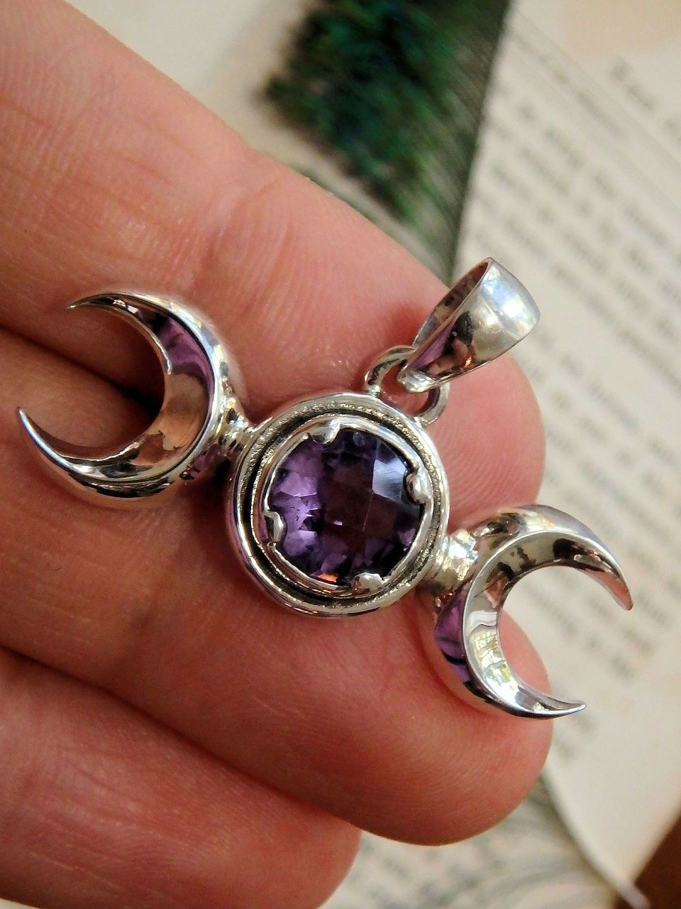 Lunar Double Crescent Moon & Faceted Amethyst Pendant in Sterling Silver (Includes Silver Chain) - Earth Family Crystals