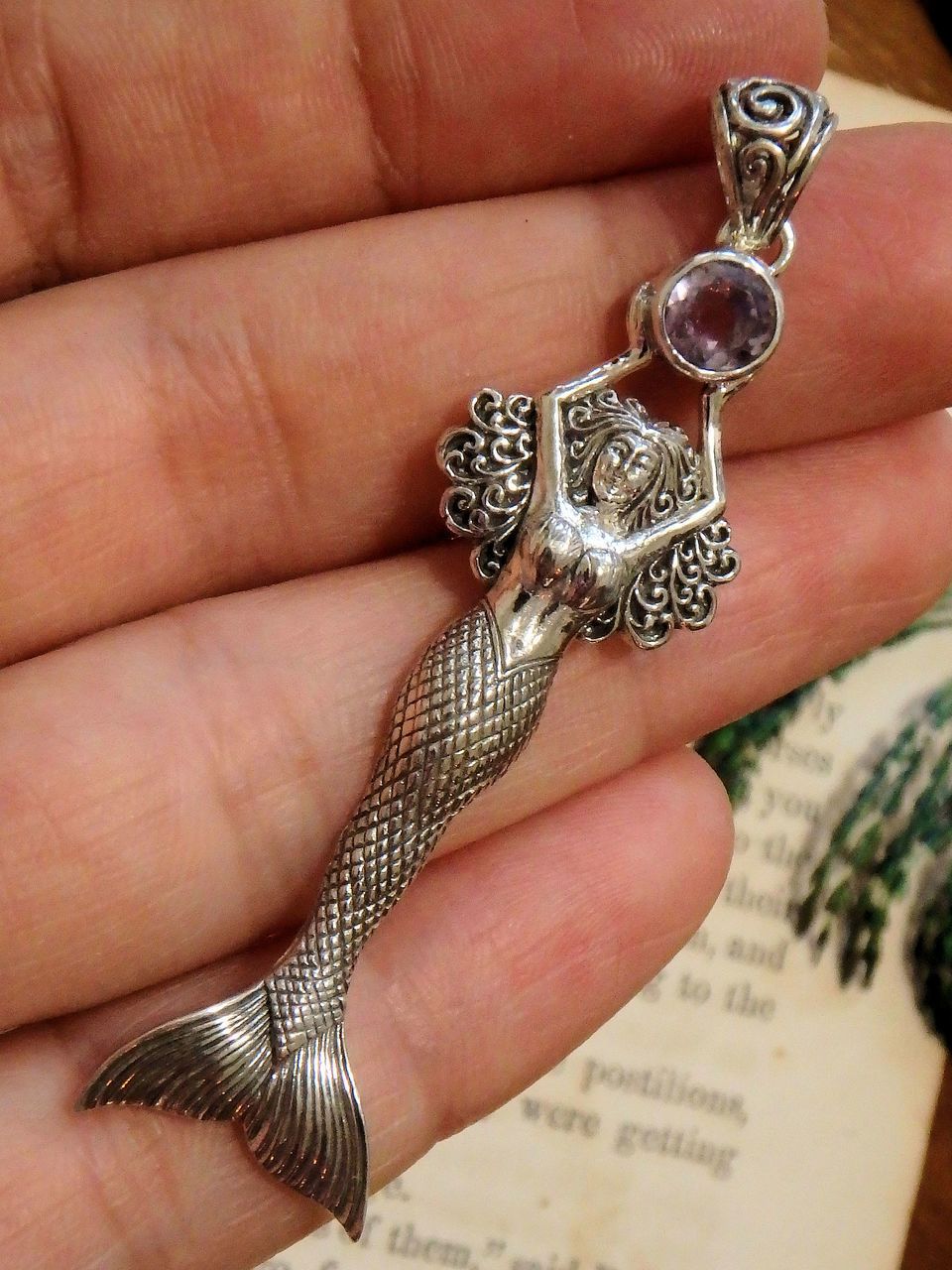 Majestic Mermaid Holding Faceted Amethyst Gemstone Pendant in Sterling Silver (Includes Silver Chain) - Earth Family Crystals