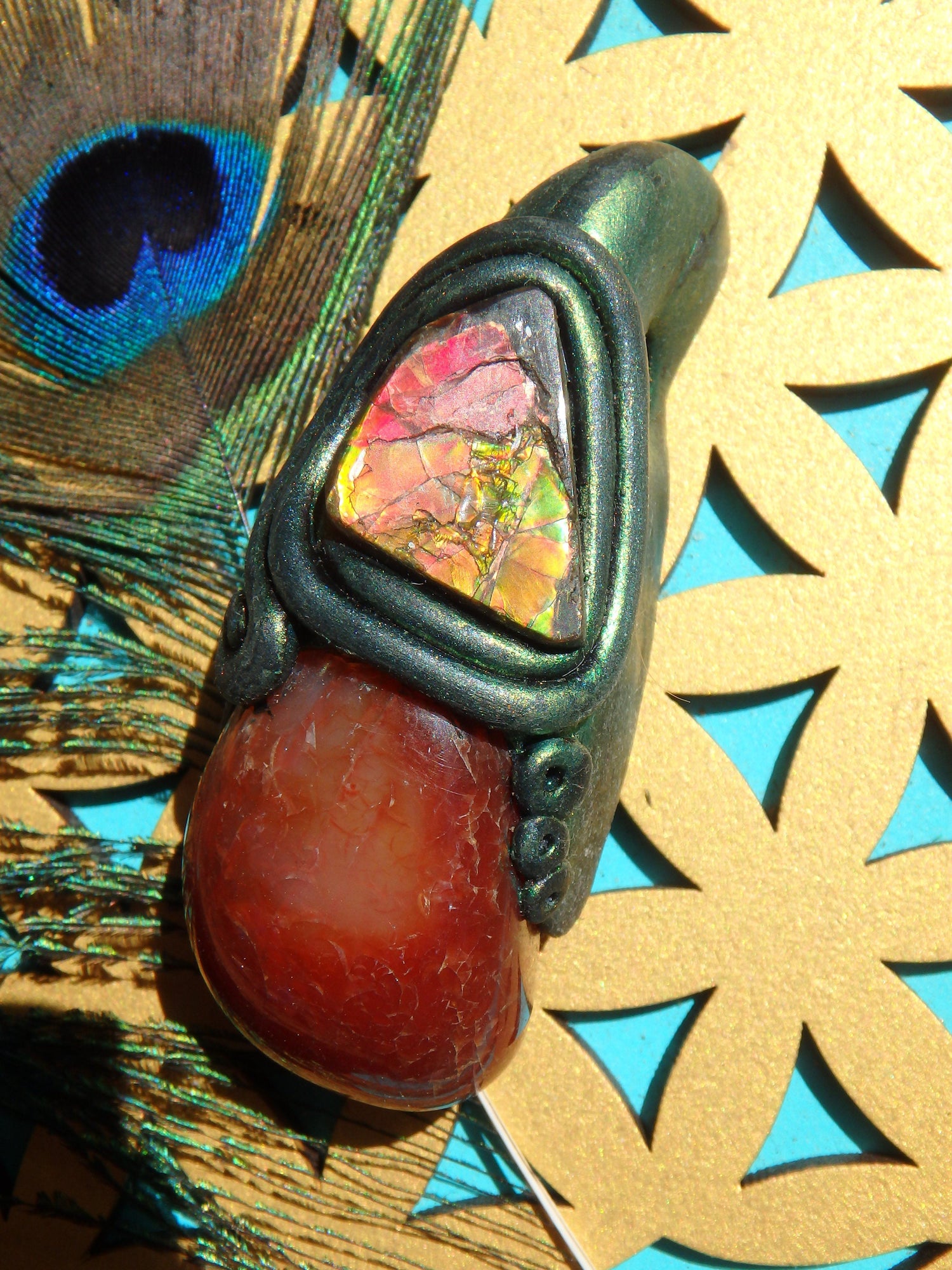  Chunky Orange Carnelian & Flashy Alberta Ammolite Handmade Energy Pendant (On Adjustable Cotton Cord)