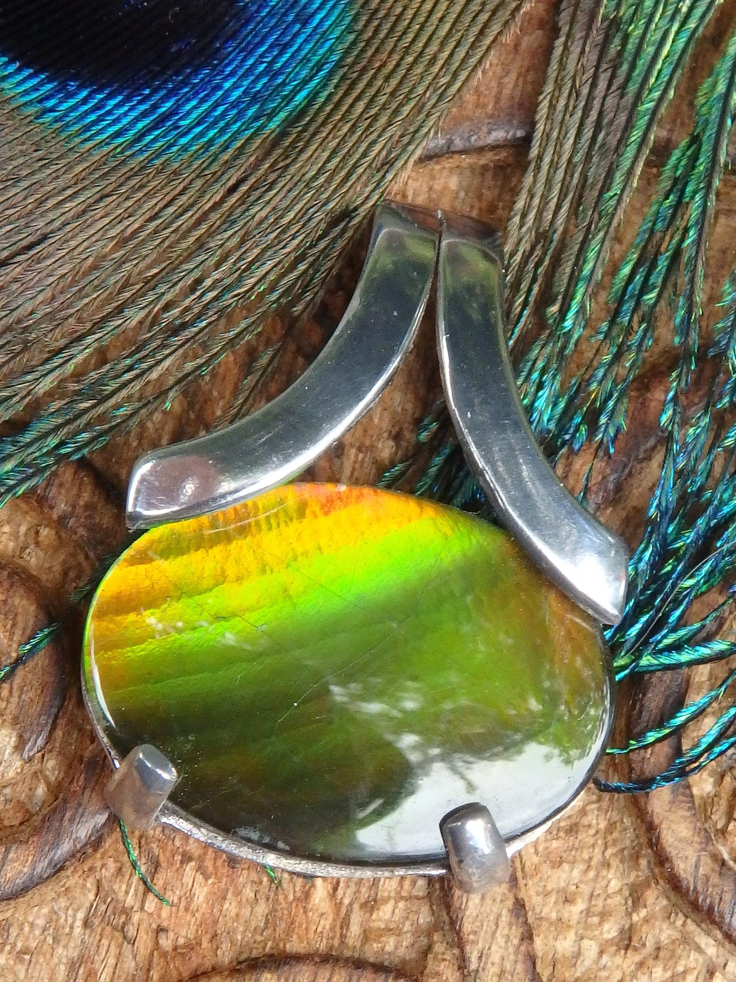  Beautiful Green & Golden Flash Quartz Capped Alberta Ammolite Pendant In Sterling Silver (Includes Silver Chain)