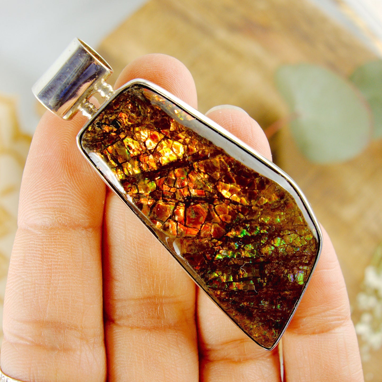  Chunky Shimmering Alberta Ammolite Pendant in Sterling Silver (Includes Silver Chain)