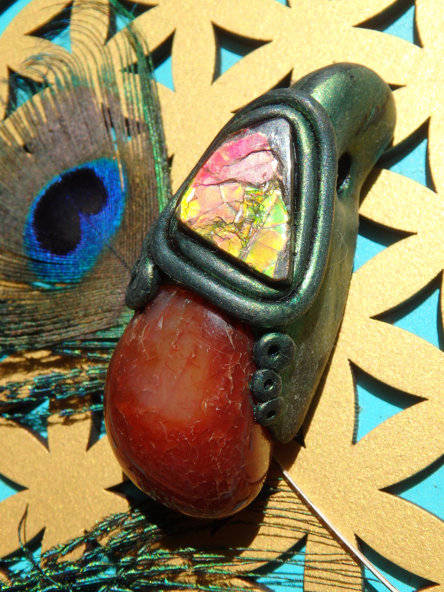 Chunky Orange Carnelian & Flashy Alberta Ammolite Handmade Energy Pendant (On Adjustable Cotton Cord)
