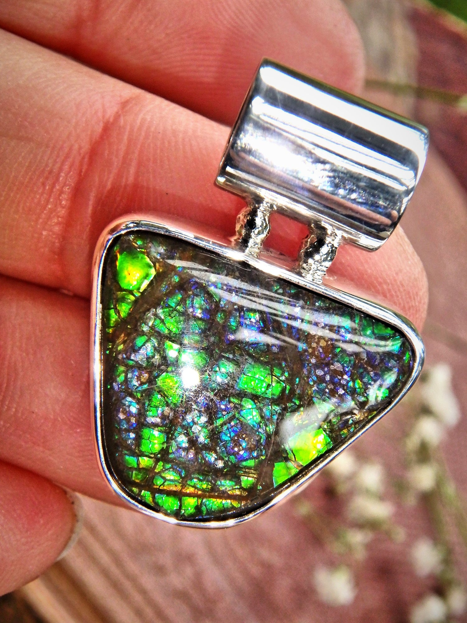 Green, Purple & Blue Flash Alberta Ammolite Sterling Silver Pendant (Includes Silver Chain) - Earth Family Crystals