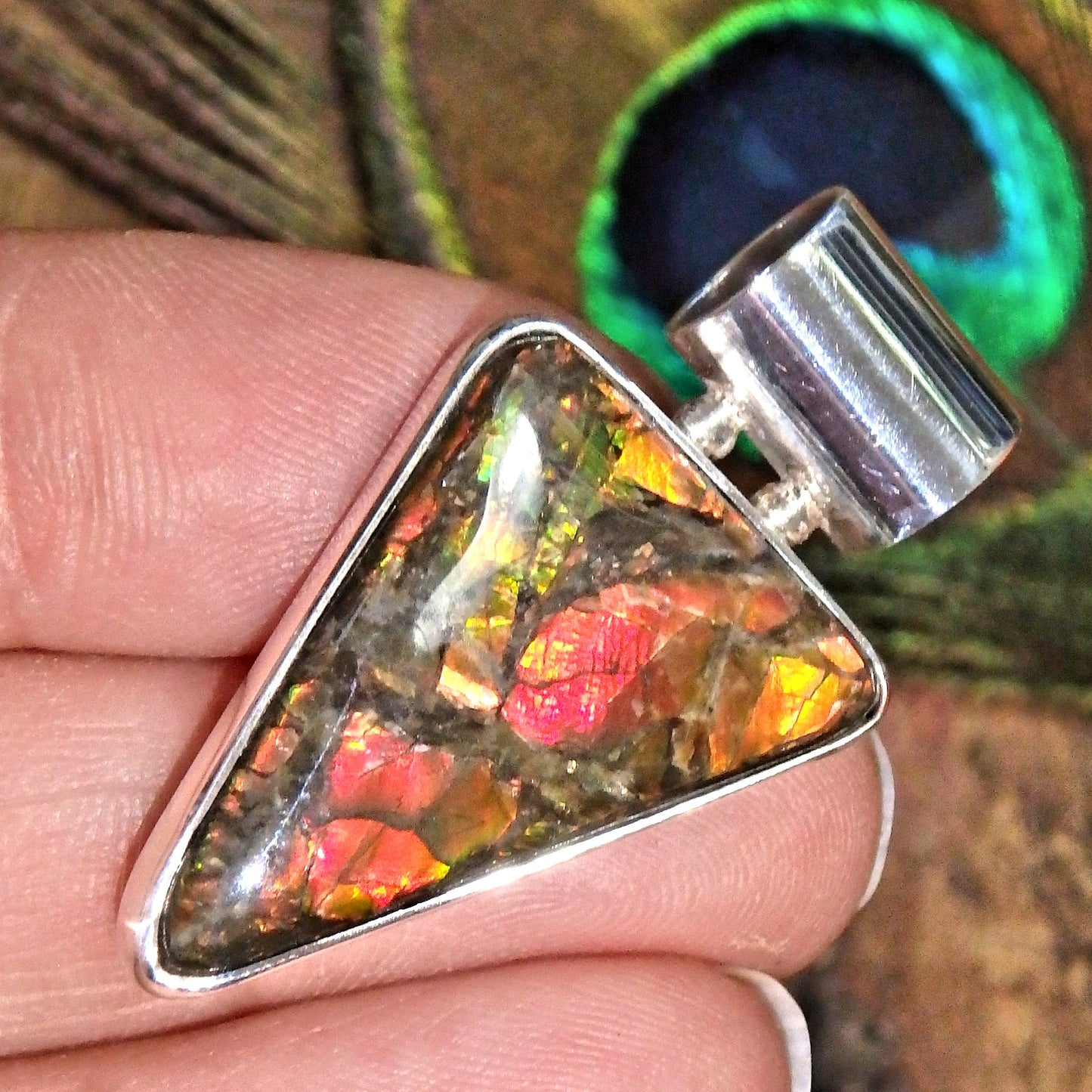 Gorgeous Bright Colors of Flash Alberta Ammolite Sterling Silver Pendant (Includes Silver Chain) - Earth Family Crystals