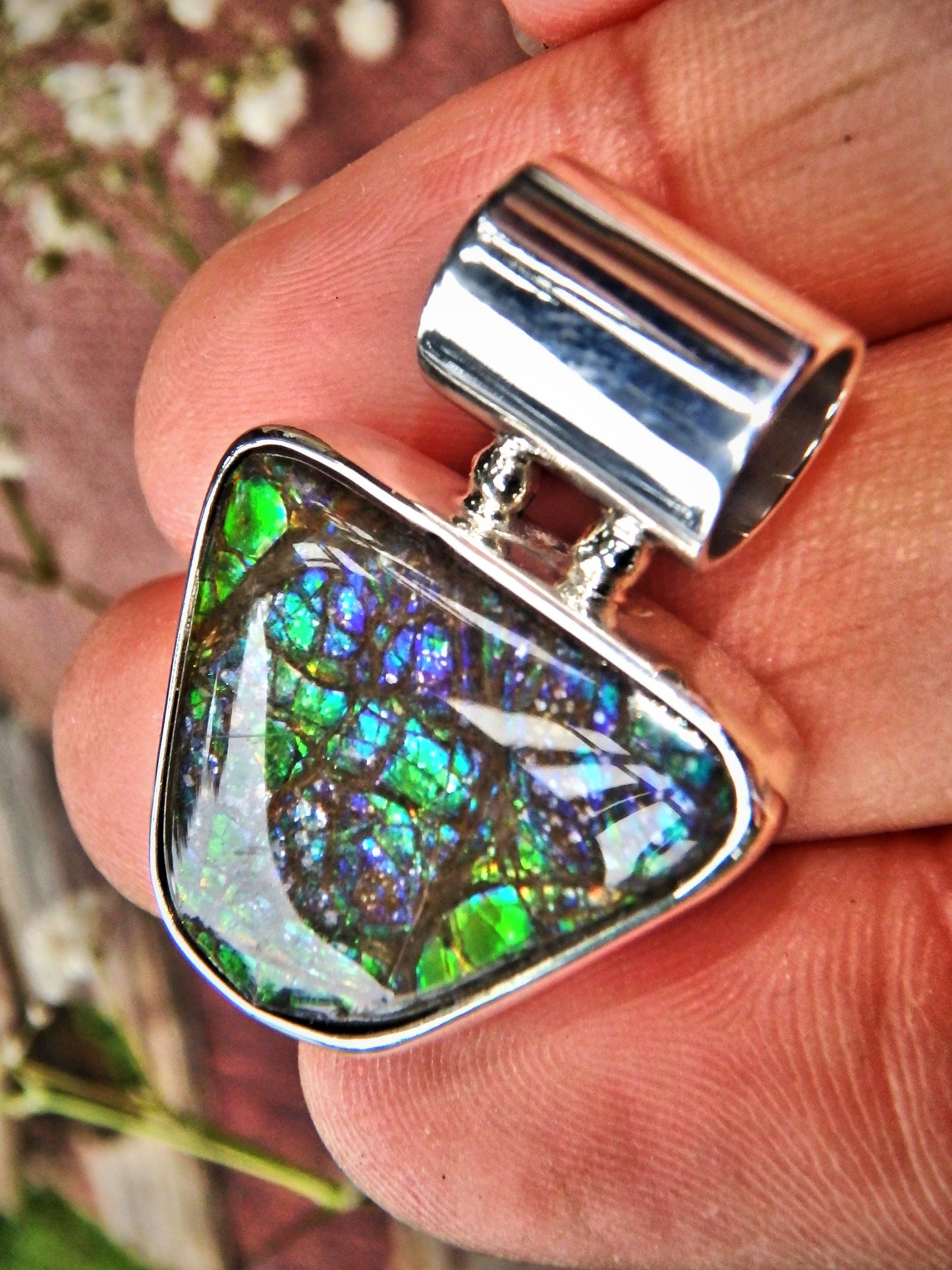 Green, Purple & Blue Flash Alberta Ammolite Sterling Silver Pendant (Includes Silver Chain) - Earth Family Crystals