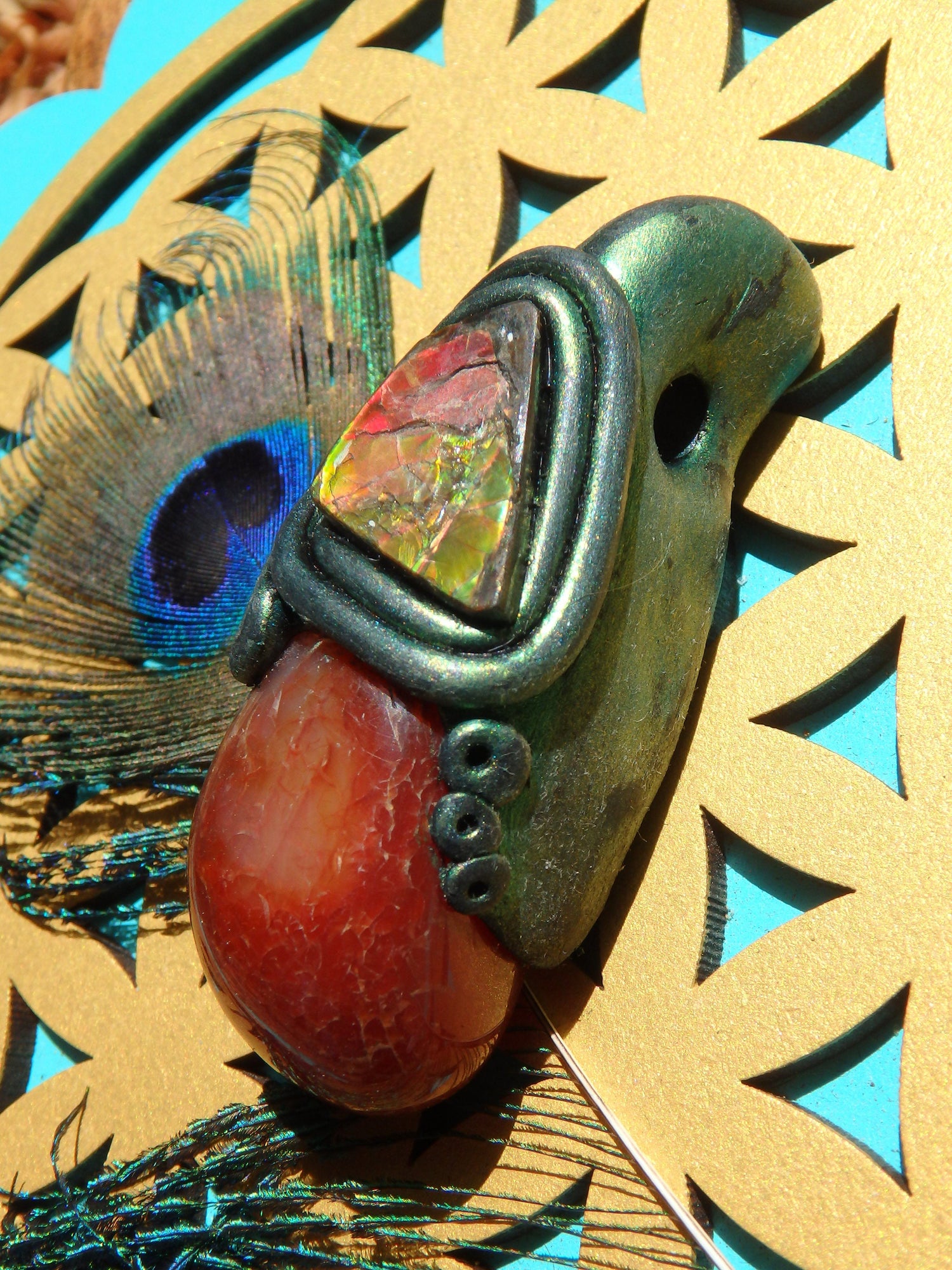  Chunky Orange Carnelian & Flashy Alberta Ammolite Handmade Energy Pendant (On Adjustable Cotton Cord)