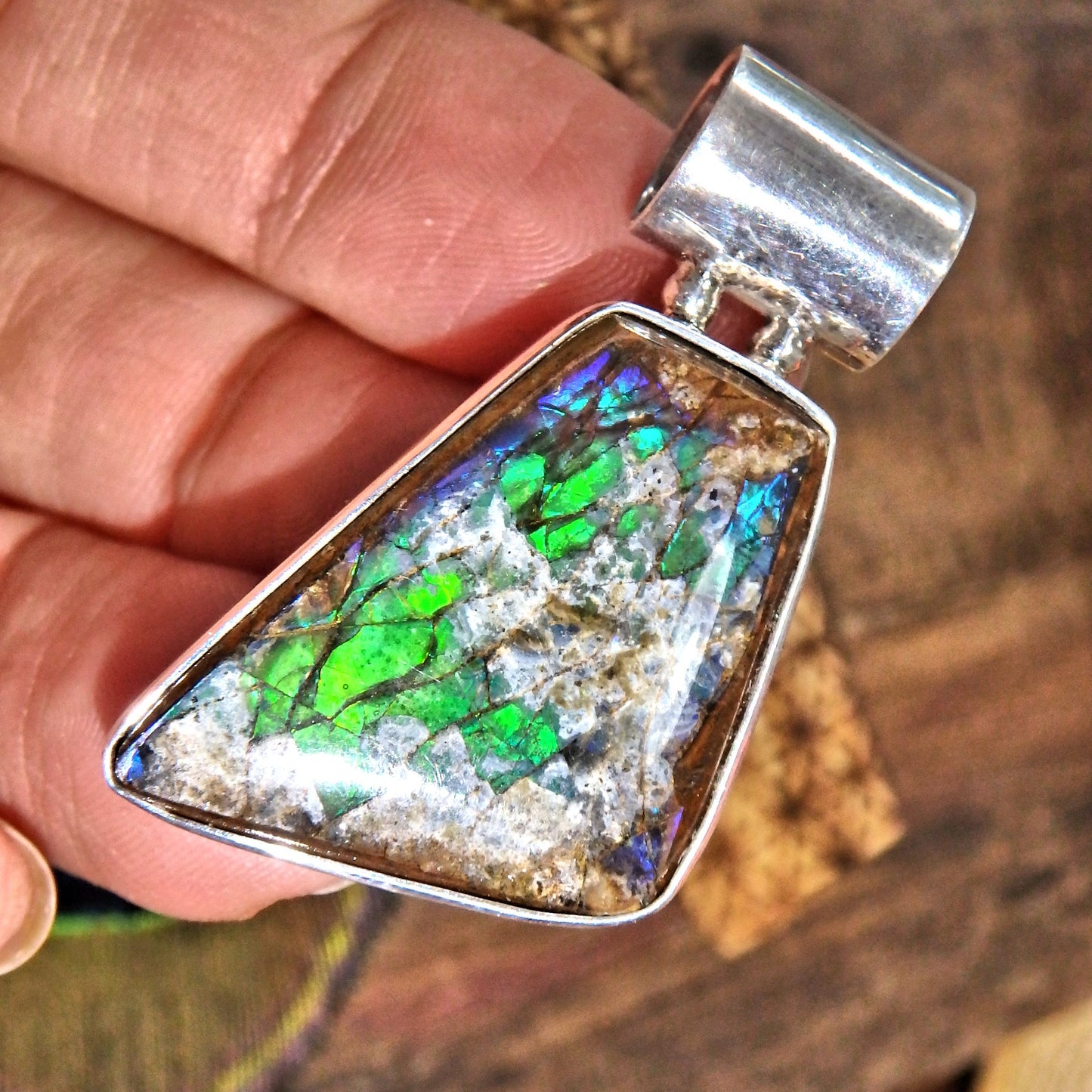 Rare Purple Green & White Clouds Ammolite  Pendant in Sterling Silver (Includes Silver Chain)