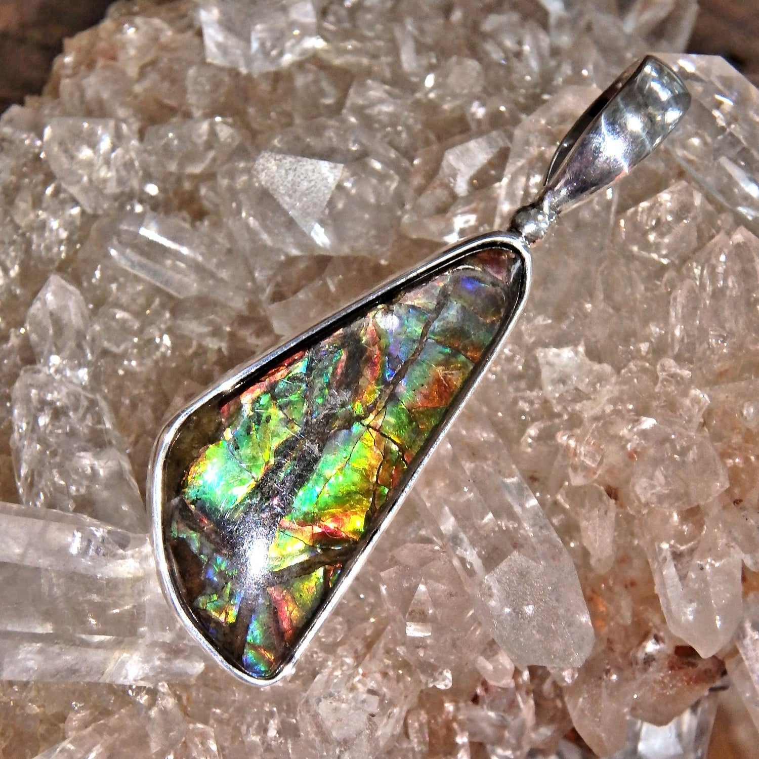 Fabulous Rainbow of Colors Ammolite Healing  Pendant in Sterling Silver (Includes Silver Chain) - Earth Family Crystals