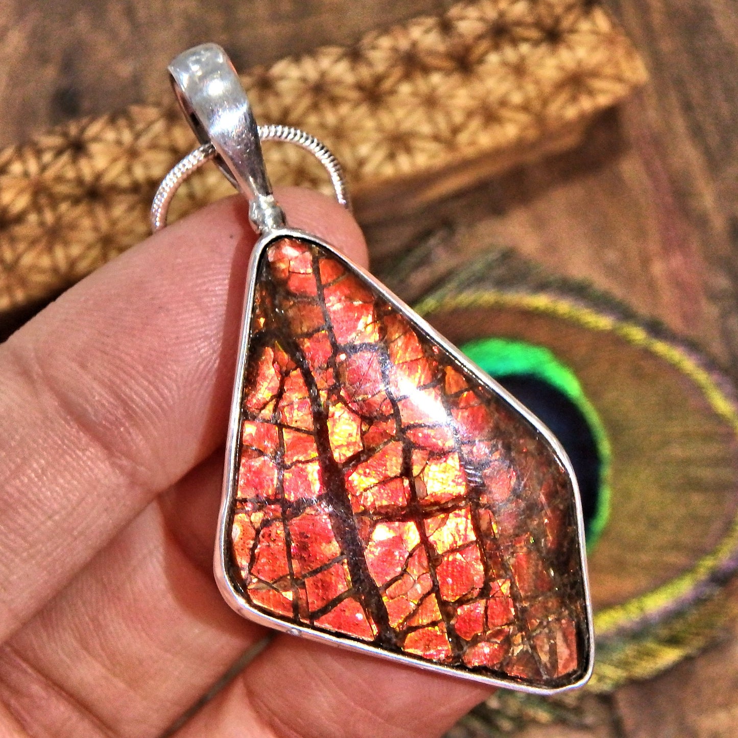 Large Fire Red Flash Alberta Ammolite  Pendant in Sterling Silver (Includes Silver Chain) - Earth Family Crystals