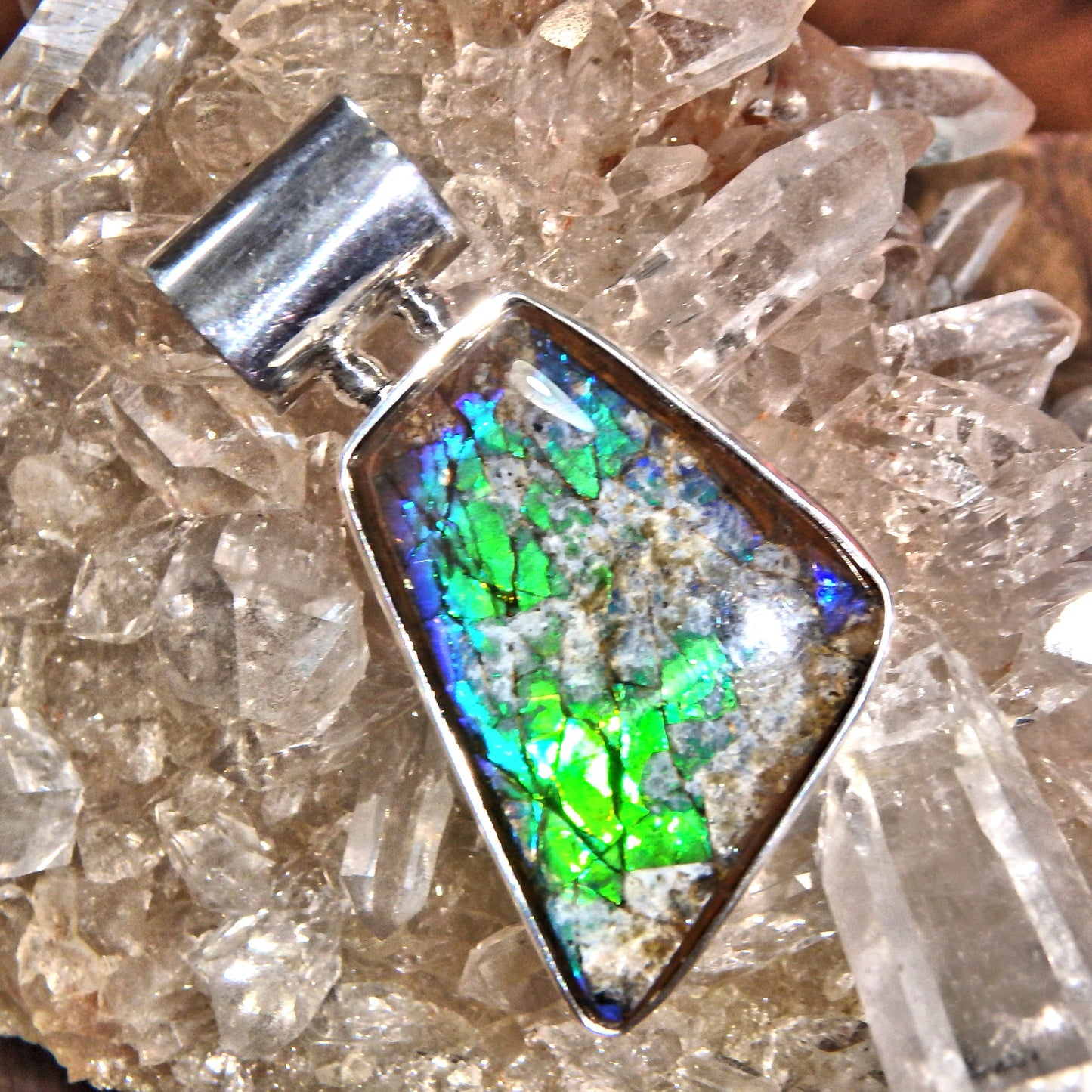 Rare Purple Green & White Clouds Ammolite  Pendant in Sterling Silver (Includes Silver Chain)