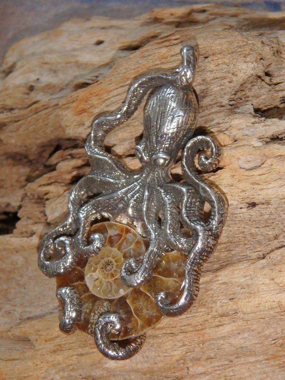 Gorgeous Ammonite & Octopus Pendant in Sterling (Includes Silver Chain) - Earth Family Crystals