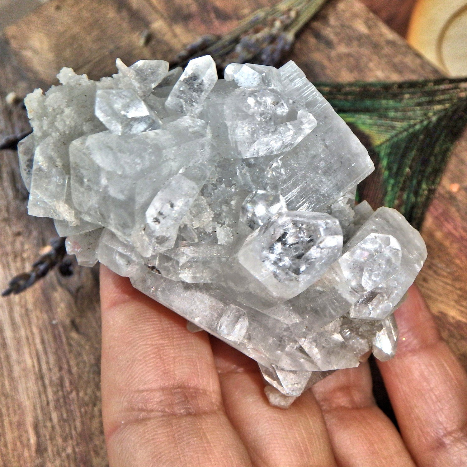  Clear Apophyllite Points Nestled on Clear Quartz Matrix With Pink Stilbite Inclusions
