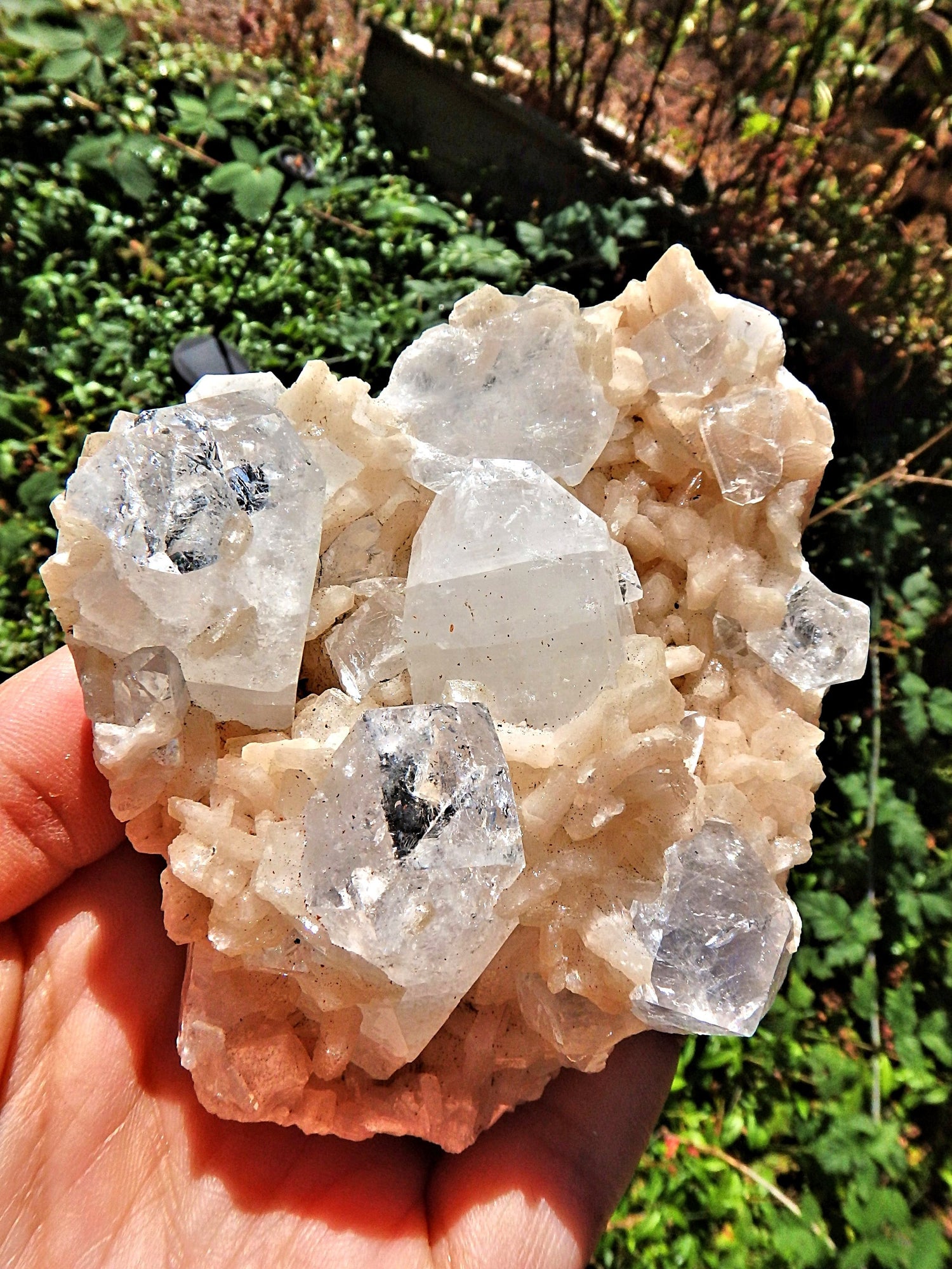 Large Chunky Clear Apophyllite Points Nestled in Peachy Pink stilbite Point Matrix - Metiz Tier Price