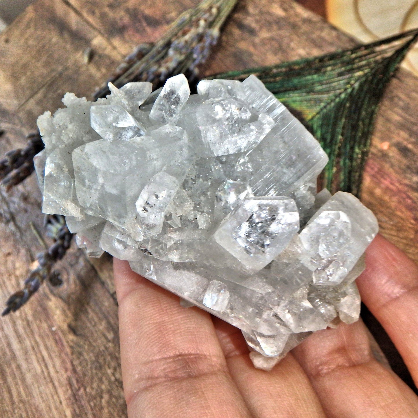  Clear Apophyllite Points Nestled on Clear Quartz Matrix With Pink Stilbite Inclusions