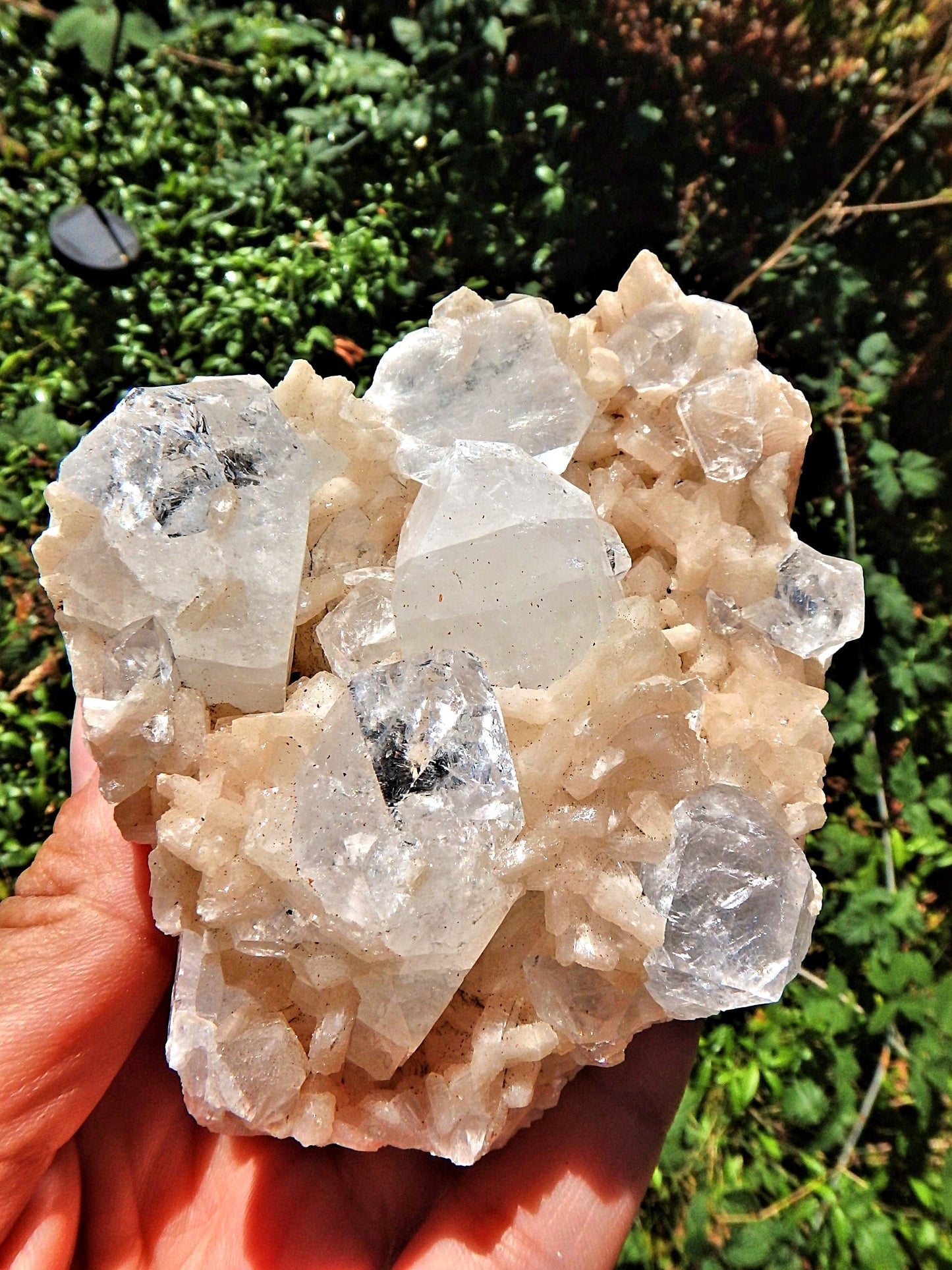 Large Chunky Clear Apophyllite Points Nestled in Peachy Pink stilbite Point Matrix - Metiz Tier Price