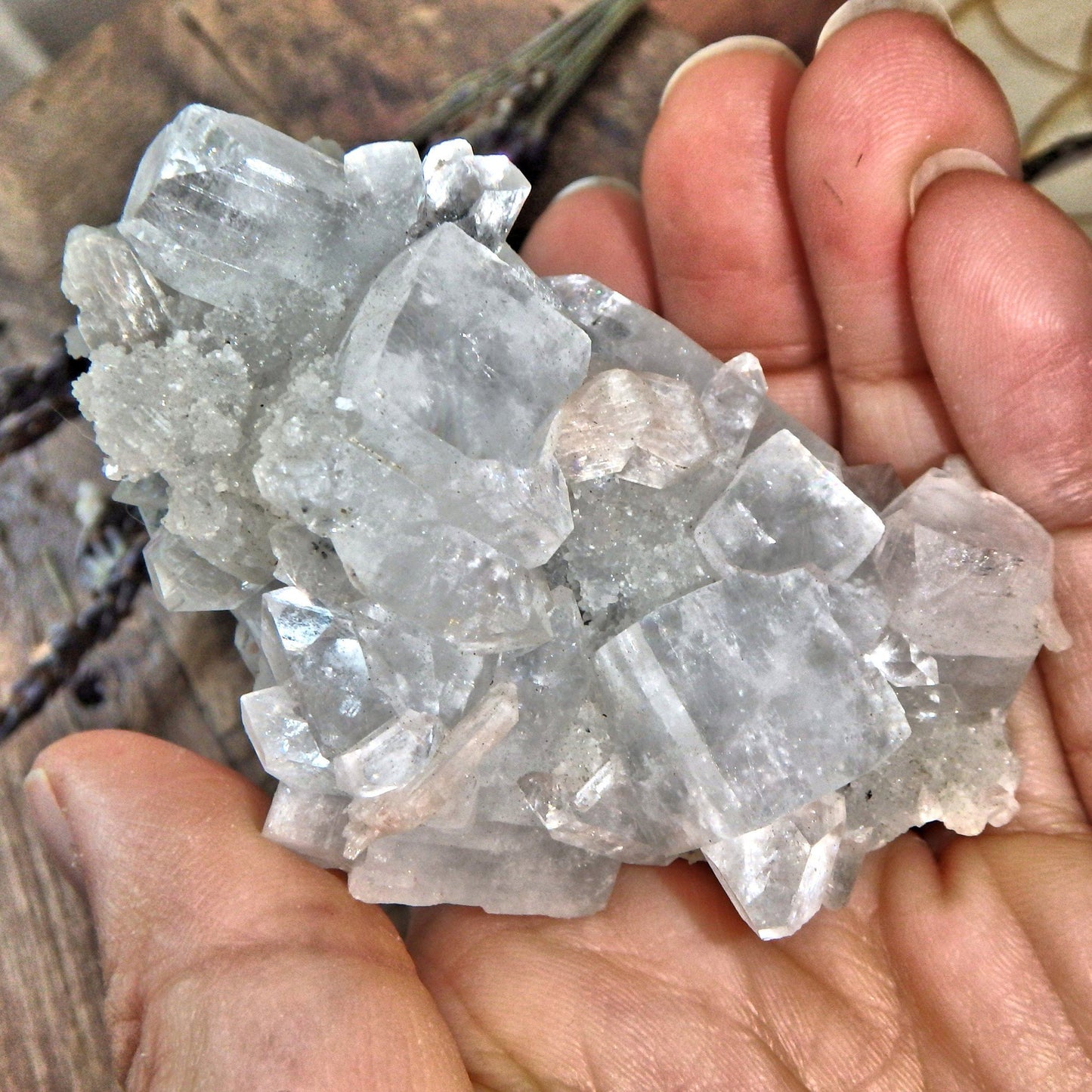 Clear Apophyllite Points Nestled on Clear Quartz Matrix With Pink Stilbite Inclusions