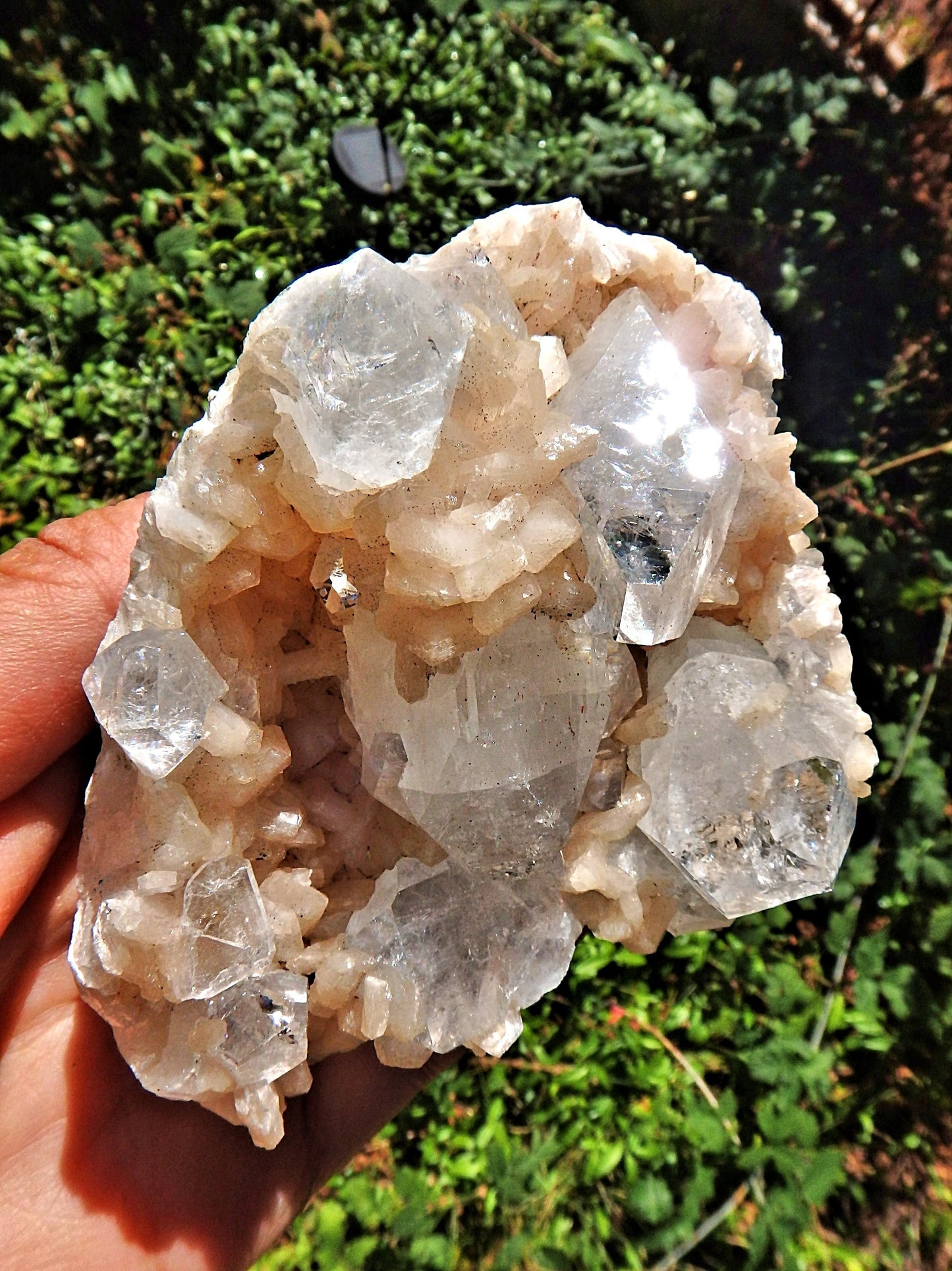 Large Chunky Clear Apophyllite Points Nestled in Peachy Pink stilbite Point Matrix - Metiz Tier Price