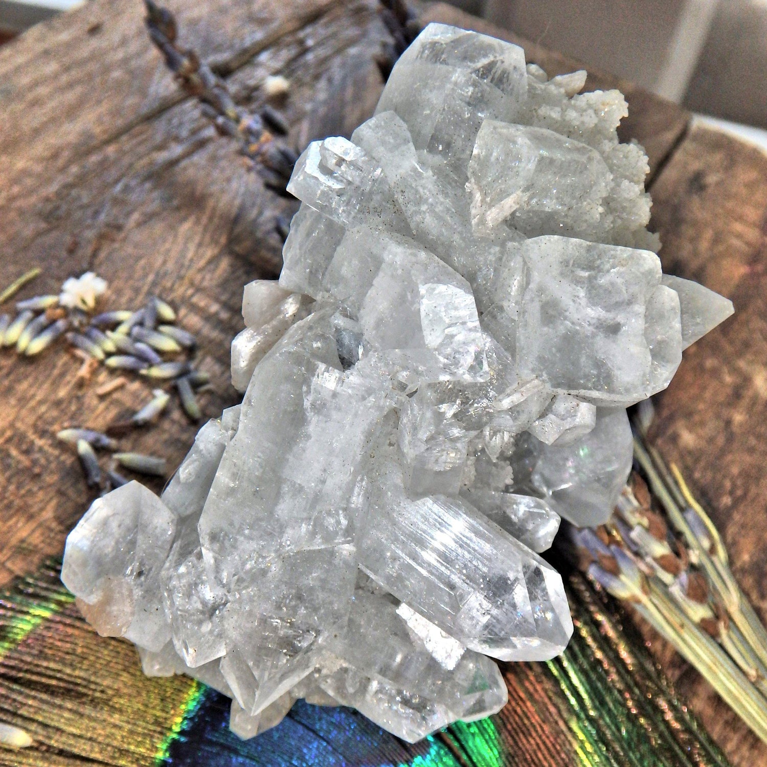  Clear Apophyllite Points Nestled on Clear Quartz Matrix With Pink Stilbite Inclusions