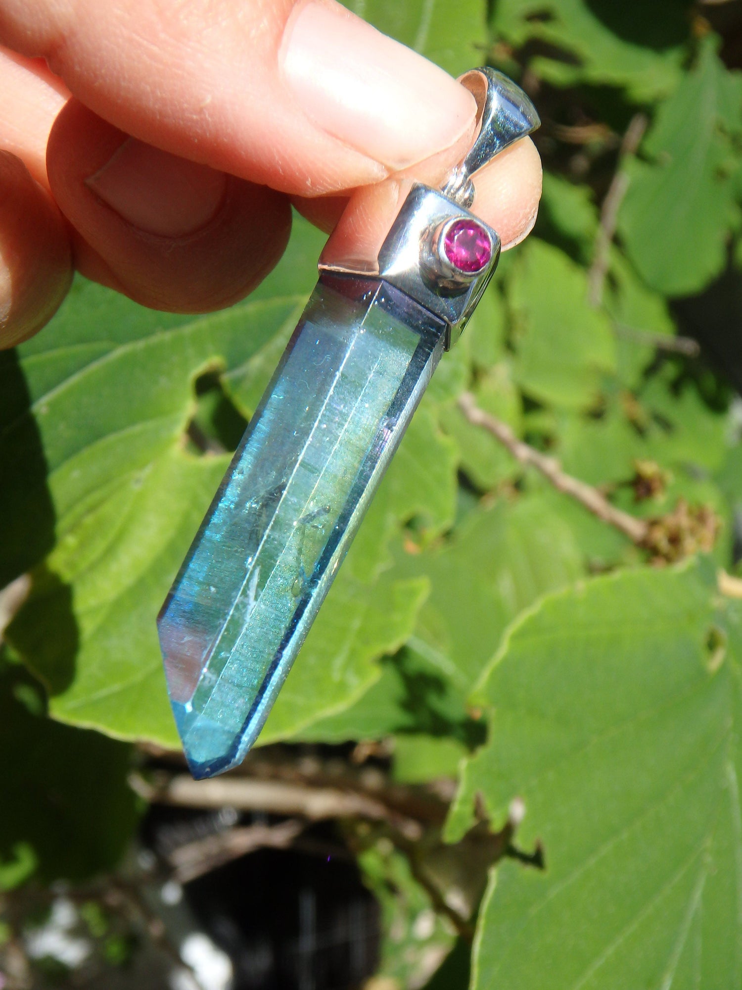  Brilliant Blue Aqua Aura Quartz Point & Faceted Pink Tourmaline Pendant in Sterling Silver (Includes Silver Chain)