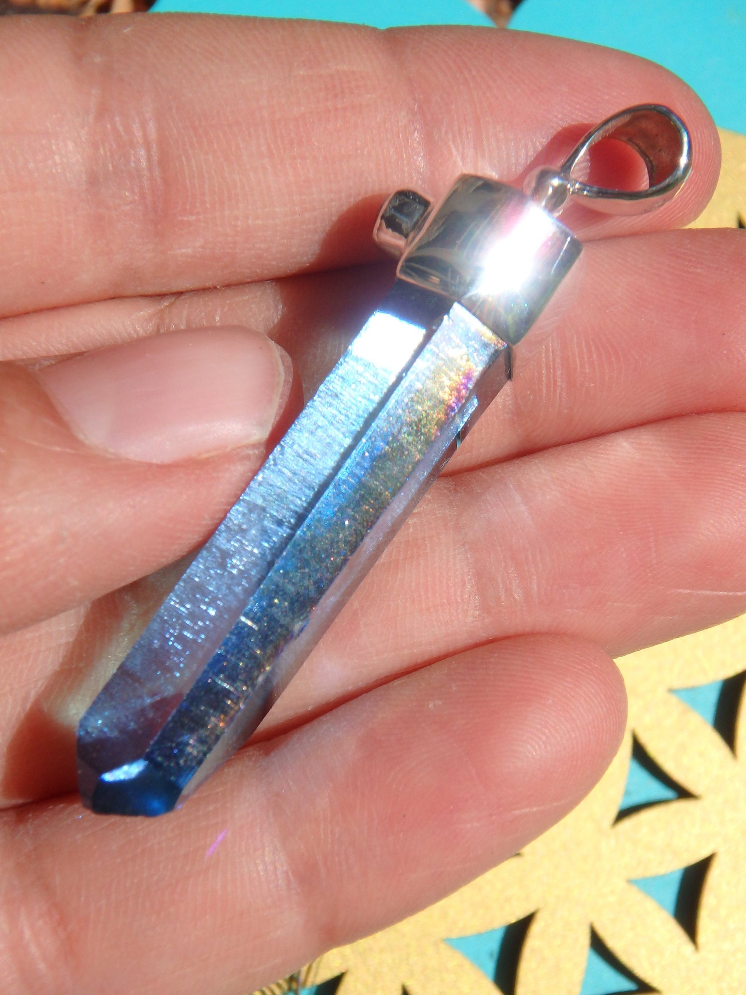  Brilliant Blue Aqua Aura Quartz Point & Faceted Pink Tourmaline Pendant in Sterling Silver (Includes Silver Chain)