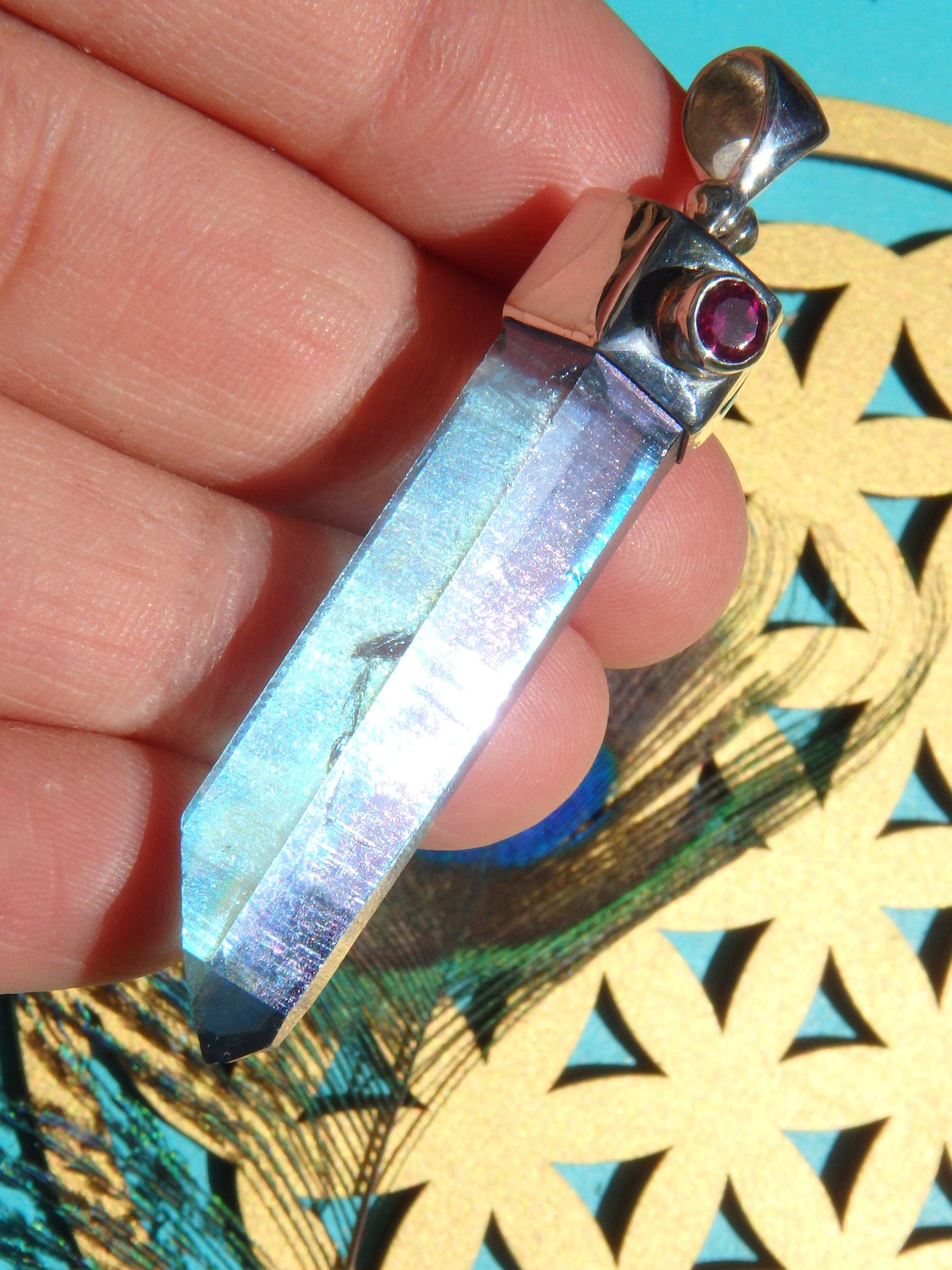  Brilliant Blue Aqua Aura Quartz Point & Faceted Pink Tourmaline Pendant in Sterling Silver (Includes Silver Chain)