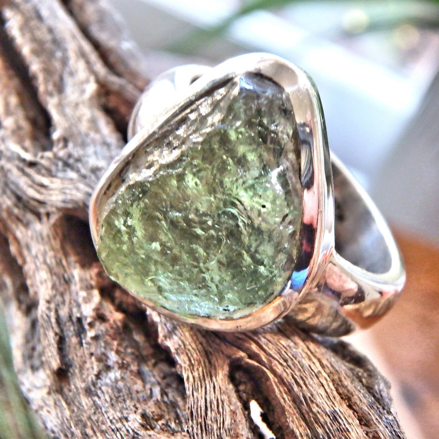  Chunky Genuine Green Moldavite Ring in Sterling Silver ( Size 10)