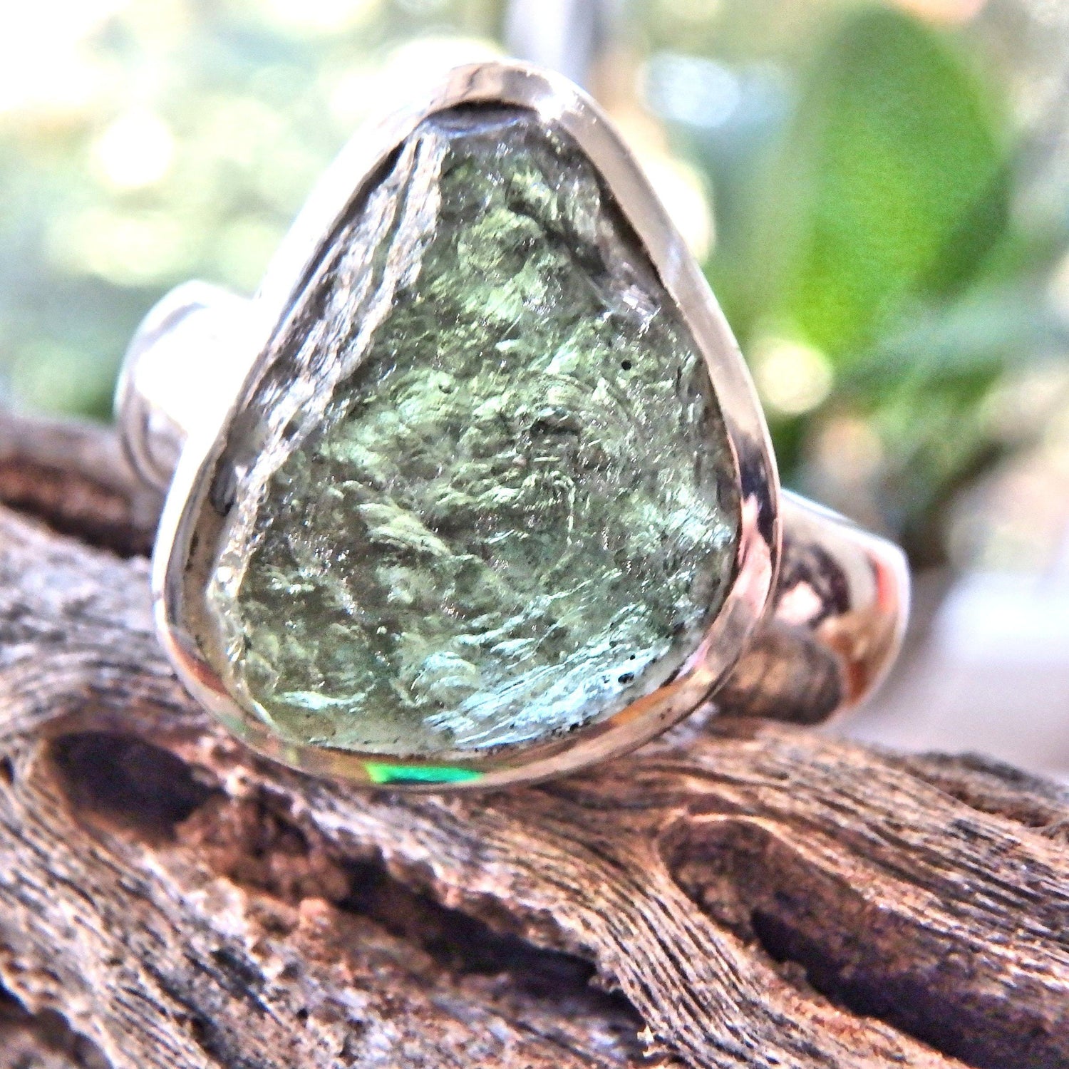  Chunky Genuine Green Moldavite Ring in Sterling Silver ( Size 10)