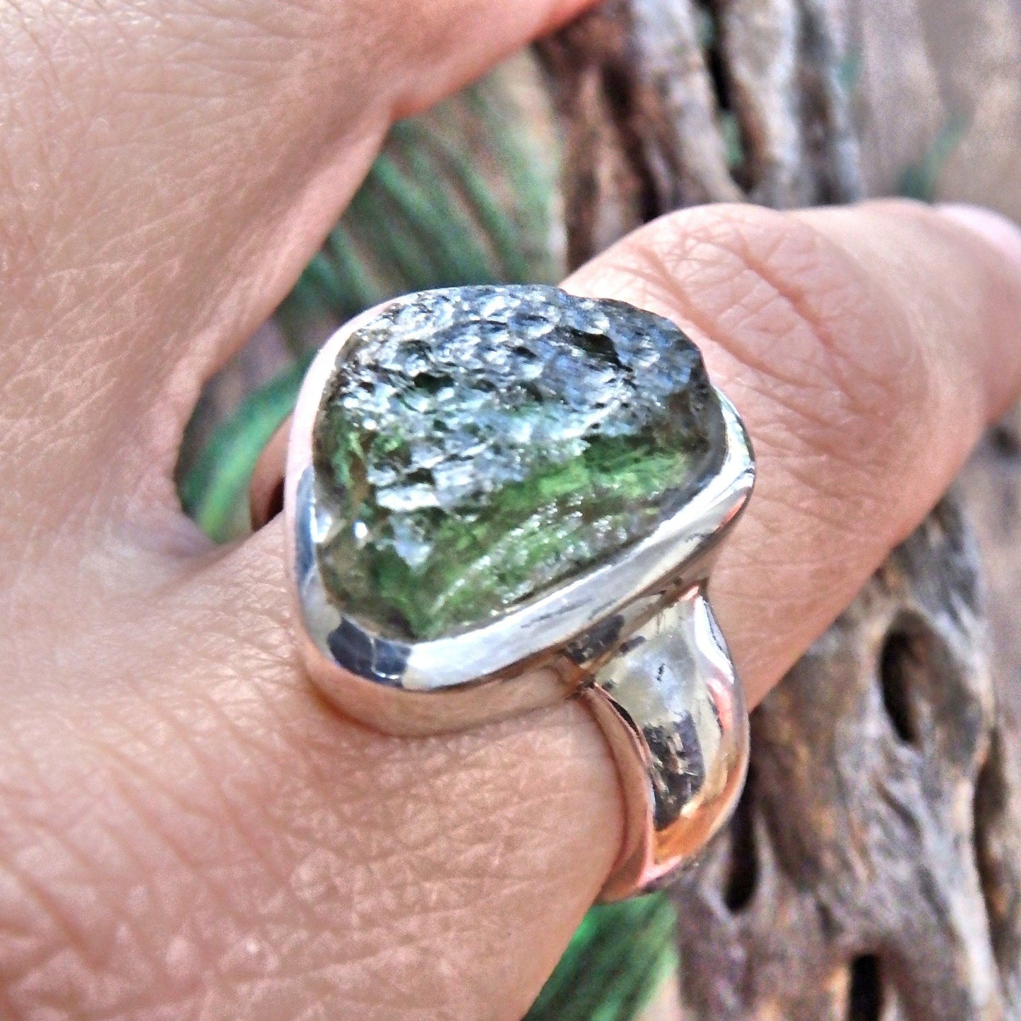  Chunky Genuine Green Moldavite Ring in Sterling Silver ( Size 10)