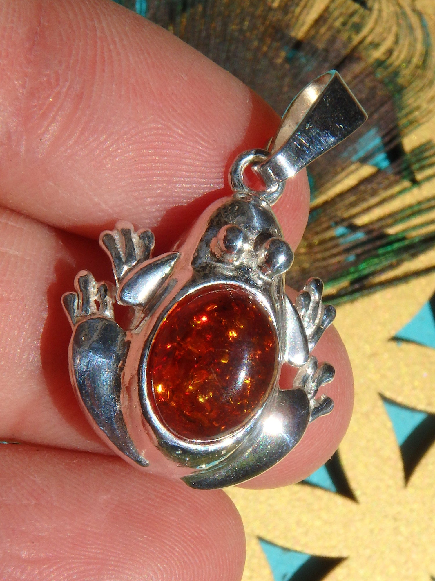  Cognac Baltic Amber Frog Pendant in Sterling Silver (Includes Silver Chain)