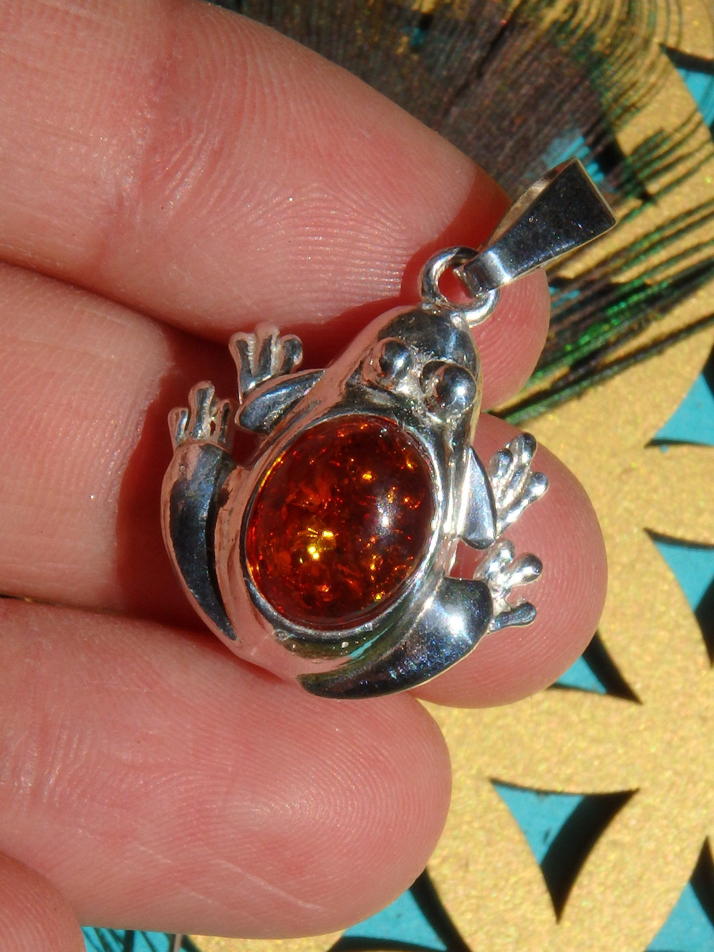  Cognac Baltic Amber Frog Pendant in Sterling Silver (Includes Silver Chain)