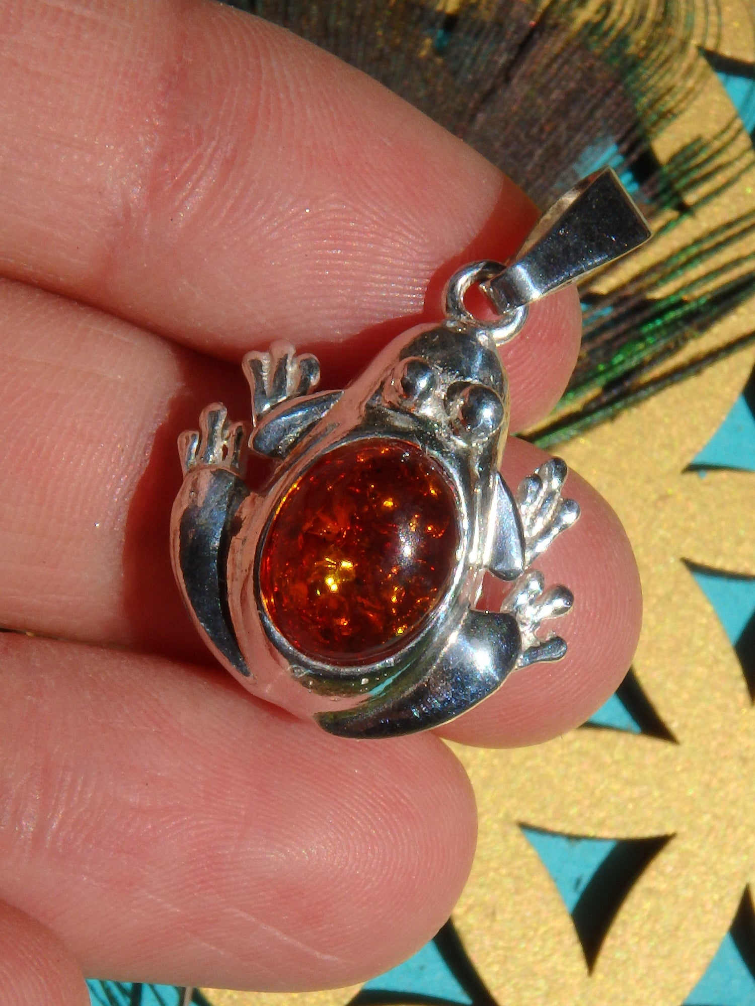  Cognac Baltic Amber Frog Pendant in Sterling Silver (Includes Silver Chain)
