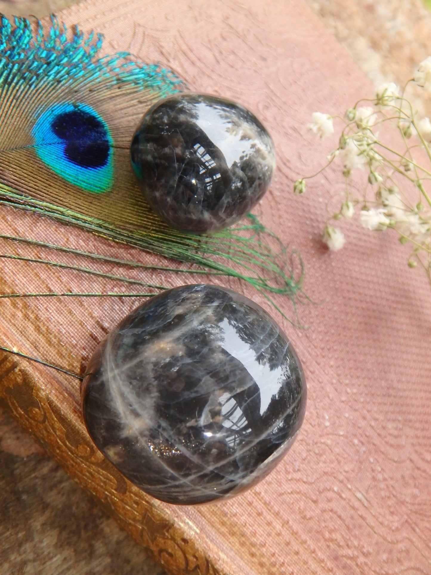 Set of 2 Black Moonstone Tumbled Pocket Stones - Metiz Tier Price