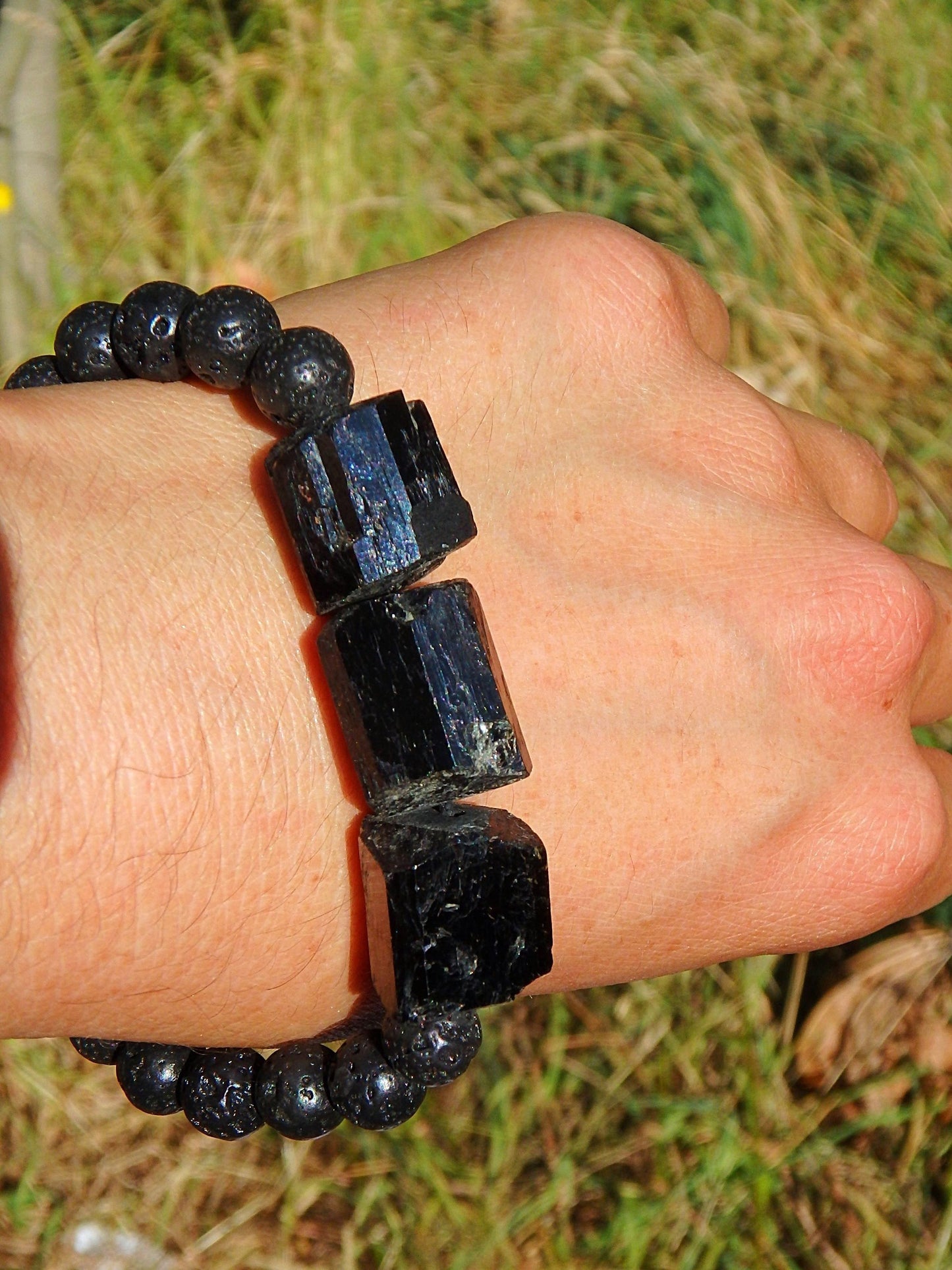  Chunky Black Tourmaline & Lava Stone Adjustable Cord Bracelet