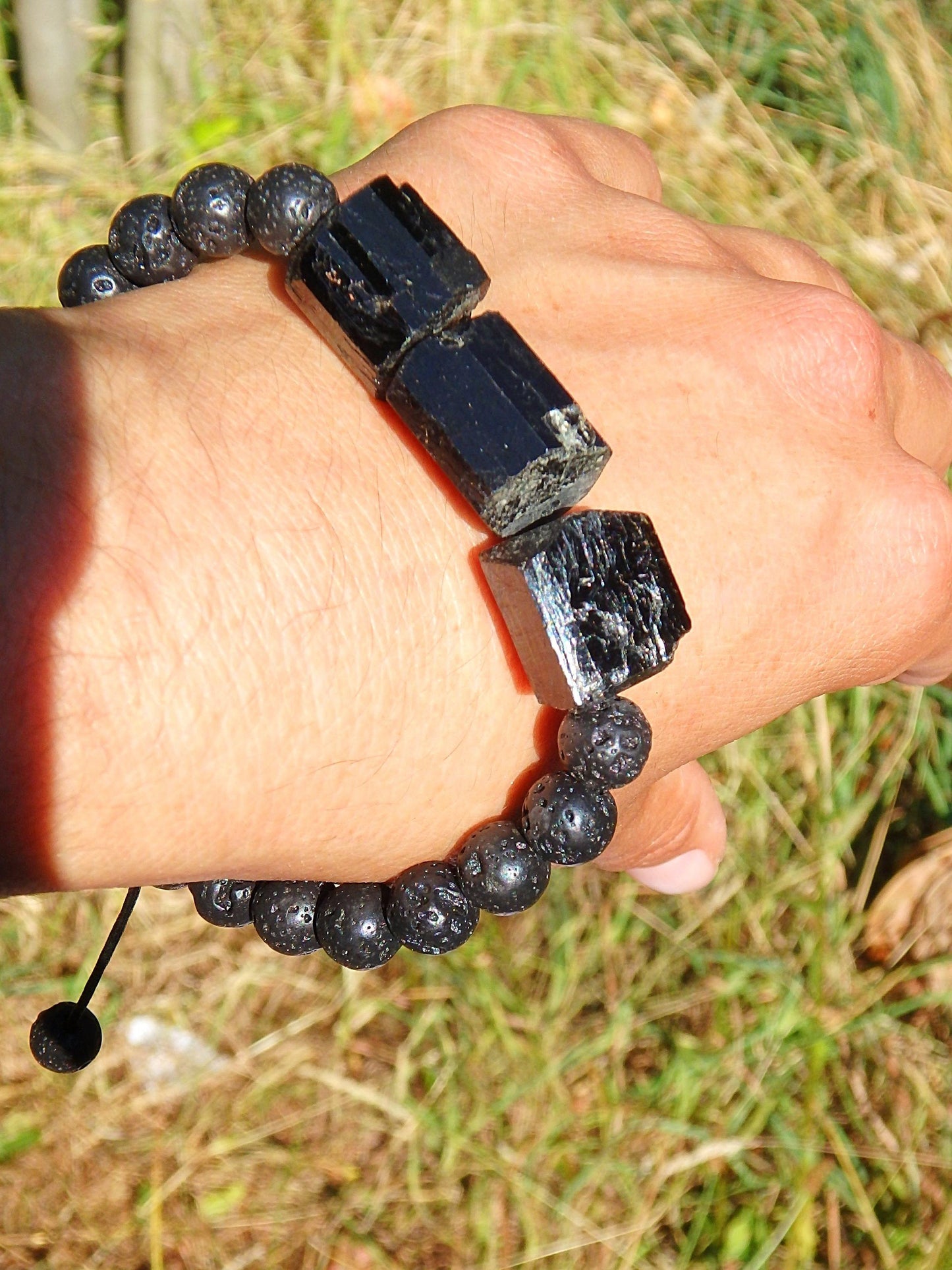  Chunky Black Tourmaline & Lava Stone Adjustable Cord Bracelet