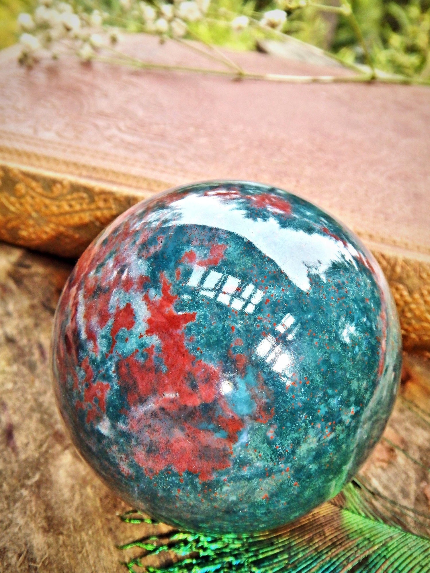  Deep Red Patterns Lovely Inclusions Bloodstone Sphere Carving