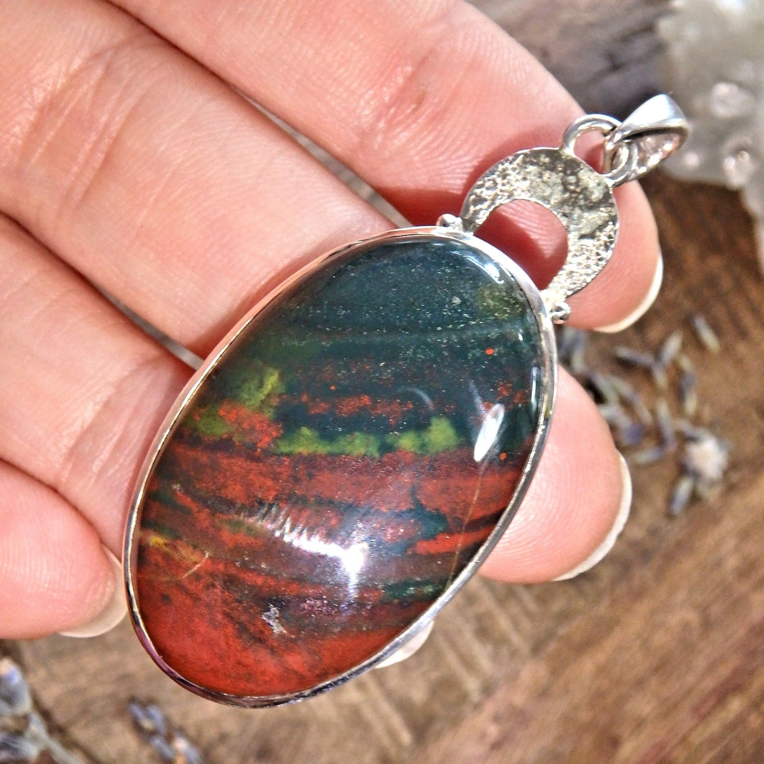  Deep Green & Burgundy Bloodstone Sterling Silver Pendant (Includes Silver Chain)