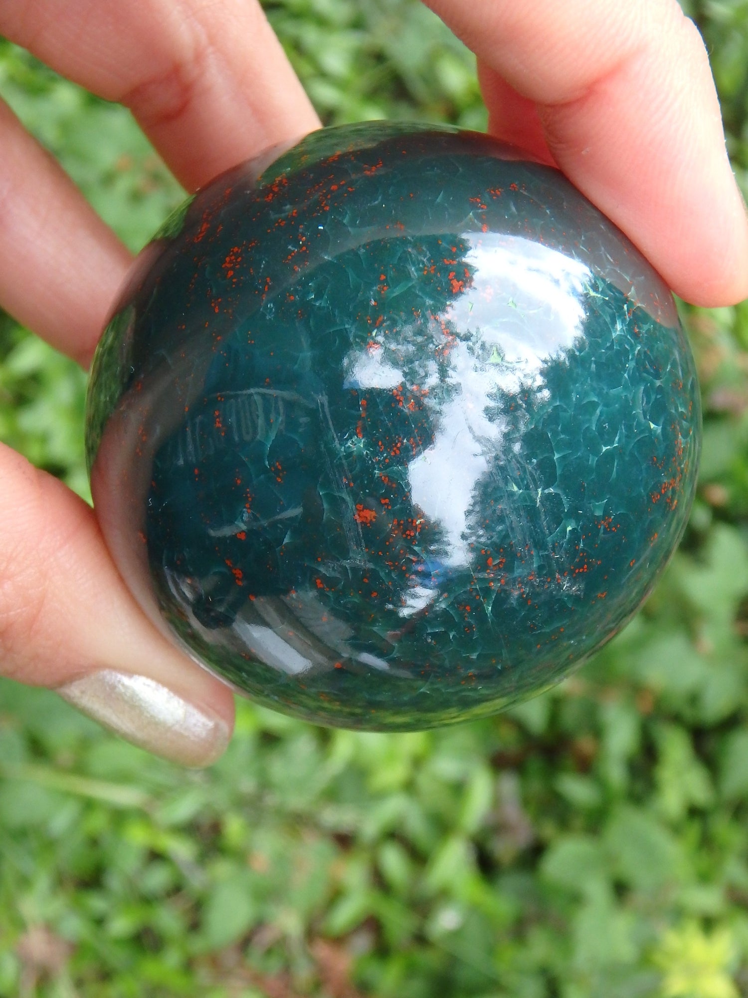 Shiny Deep Forest Green With Red Speckles Bloodstone Sphere Carving - Metiz Tier Price