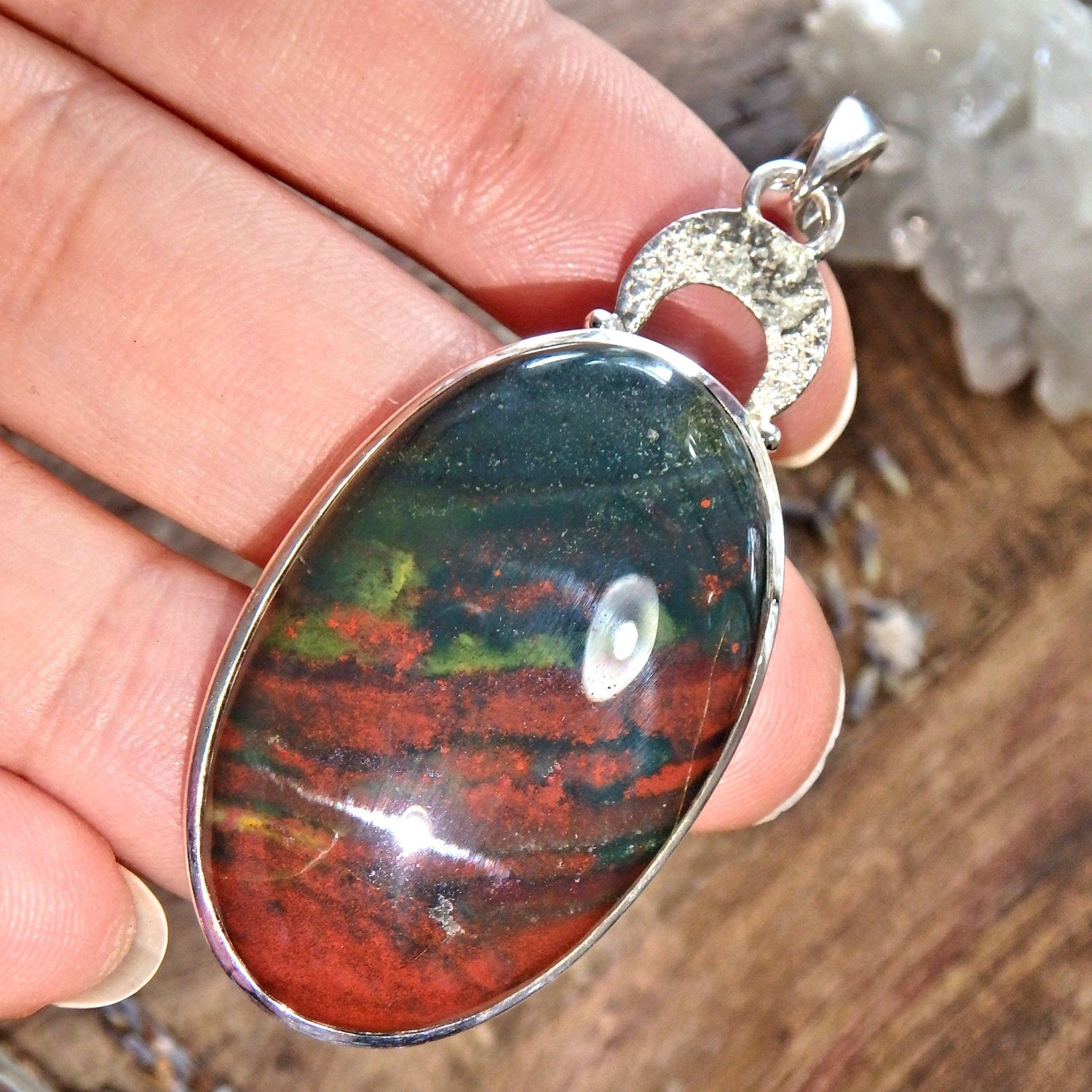  Deep Green & Burgundy Bloodstone Sterling Silver Pendant (Includes Silver Chain)