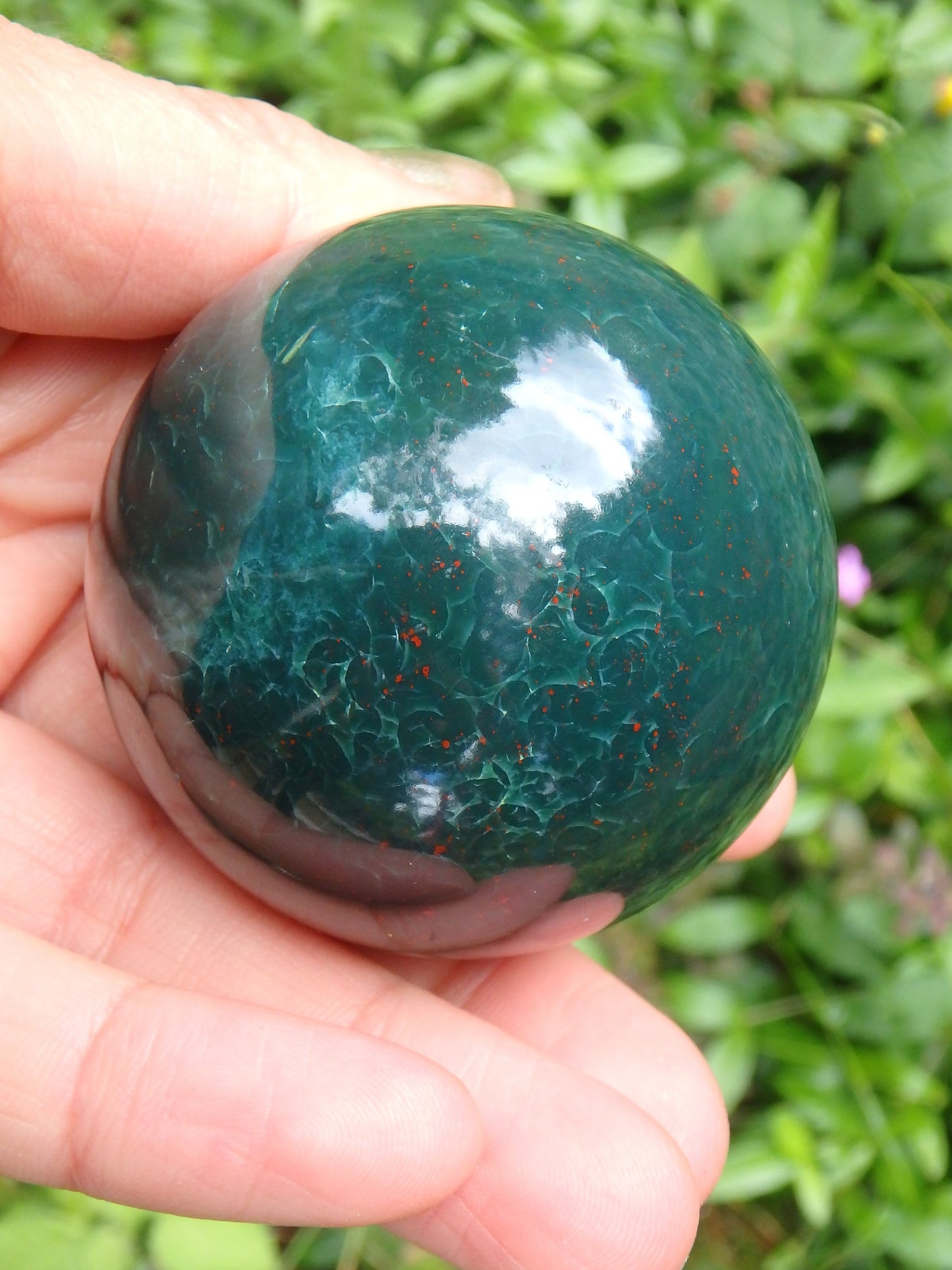 Shiny Deep Forest Green With Red Speckles Bloodstone Sphere Carving - Metiz Tier Price