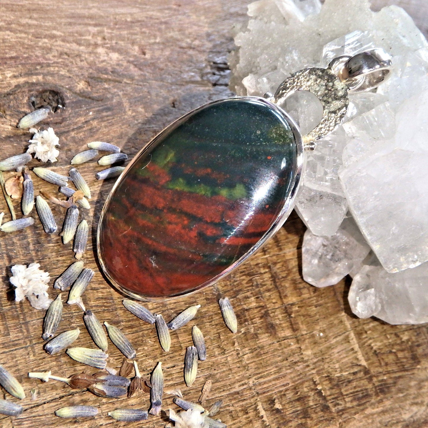  Deep Green & Burgundy Bloodstone Sterling Silver Pendant (Includes Silver Chain)