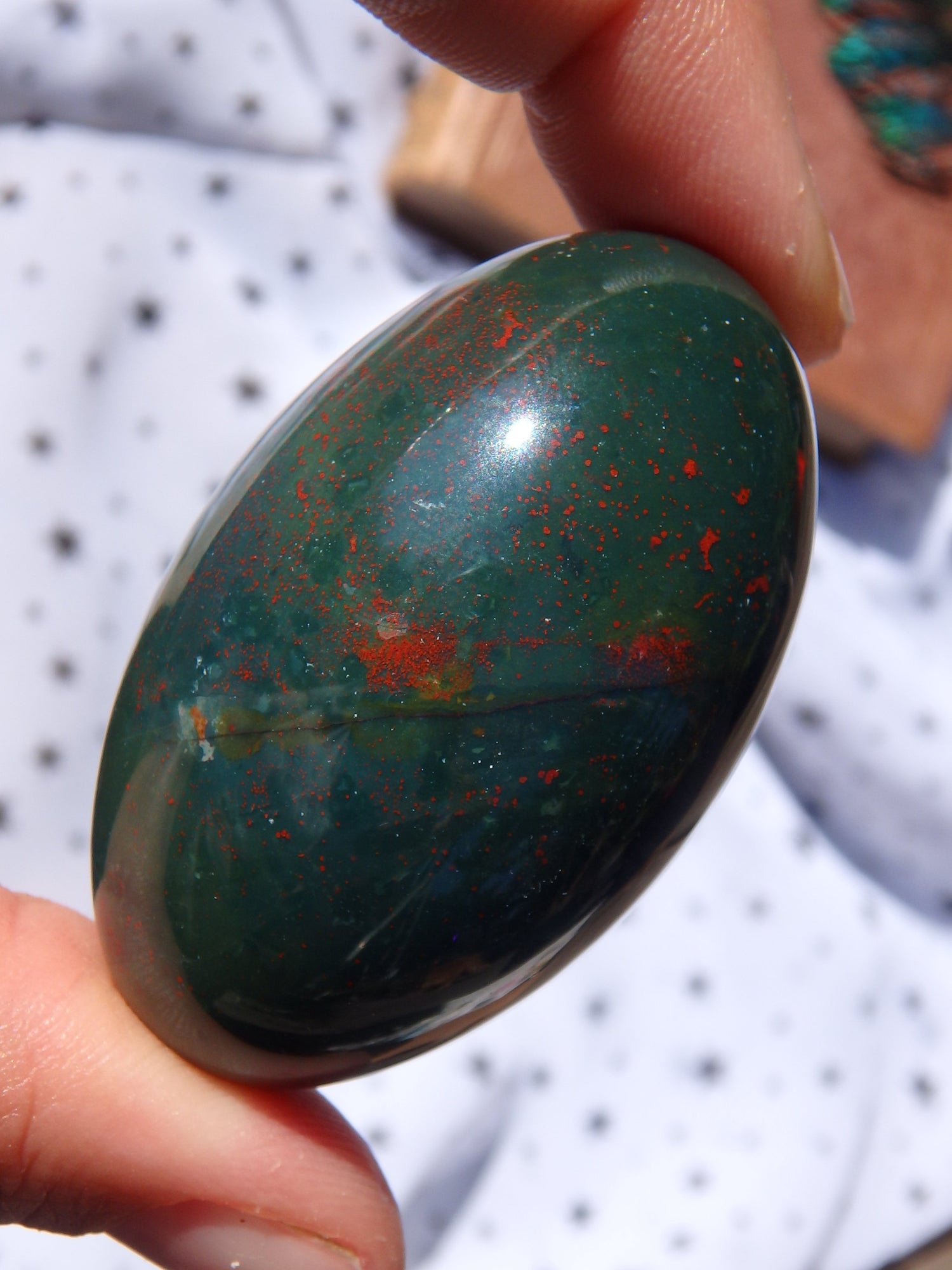 Shiny Deep Green & Red Speckled Bloodstone Egg Carving 1 - Metiz Tier Price