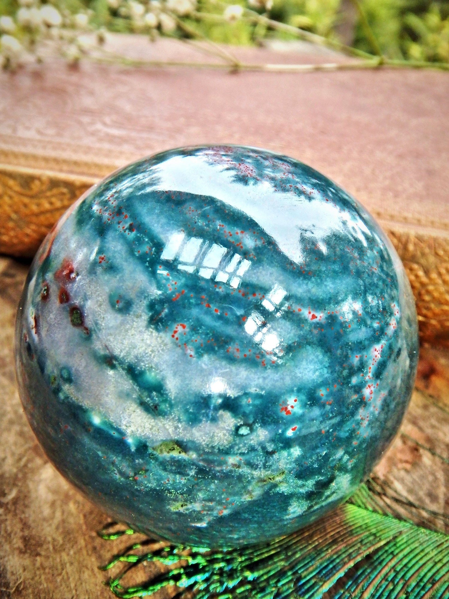  Deep Red Patterns Lovely Inclusions Bloodstone Sphere Carving